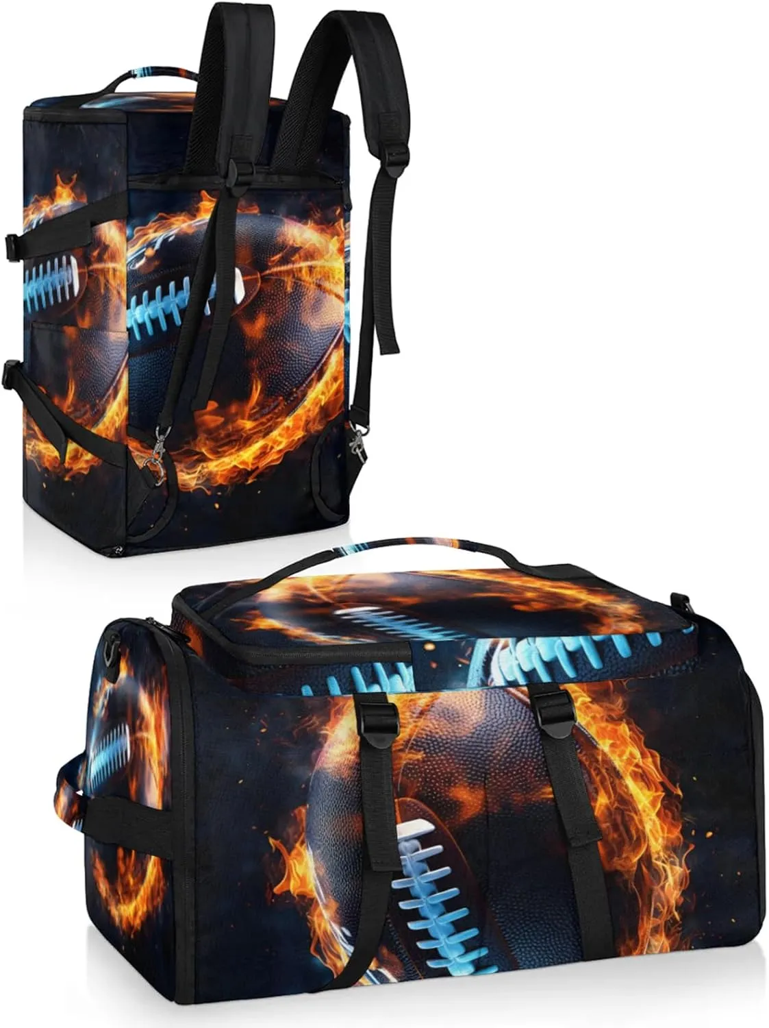 Tactical Sports Duffle Bag for Travel Waterproof Gym Bag with Shoe Compartment 48L Carry On Luggage for Men & Women 3-in-1 Durable Travel Luggage Football on Fire