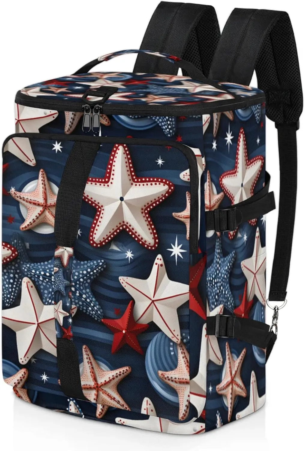 Tactical Sports Duffle Bag for Travel Waterproof Gym Bag with Shoe Compartment 48L Carry On Luggage for Men & Women 3-in-1 Durable Travel Luggage Geometric Starfish Patriotic