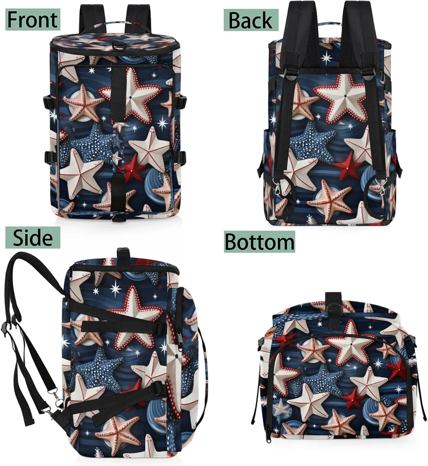 Tactical Sports Duffle Bag for Travel Waterproof Gym Bag with Shoe Compartment 48L Carry On Luggage for Men & Women 3-in-1 Durable Travel Luggage Geometric Starfish Patriotic