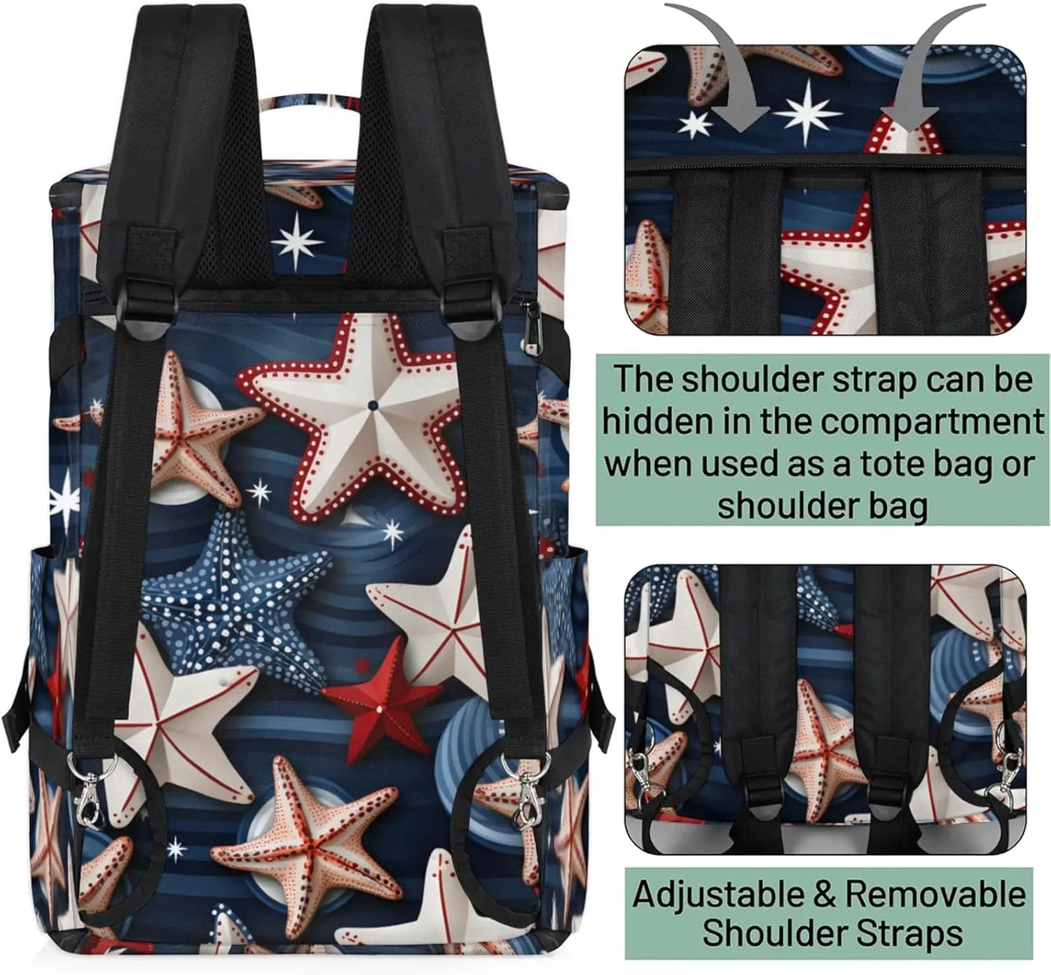 Tactical Sports Duffle Bag for Travel Waterproof Gym Bag with Shoe Compartment 48L Carry On Luggage for Men & Women 3-in-1 Durable Travel Luggage Geometric Starfish Patriotic