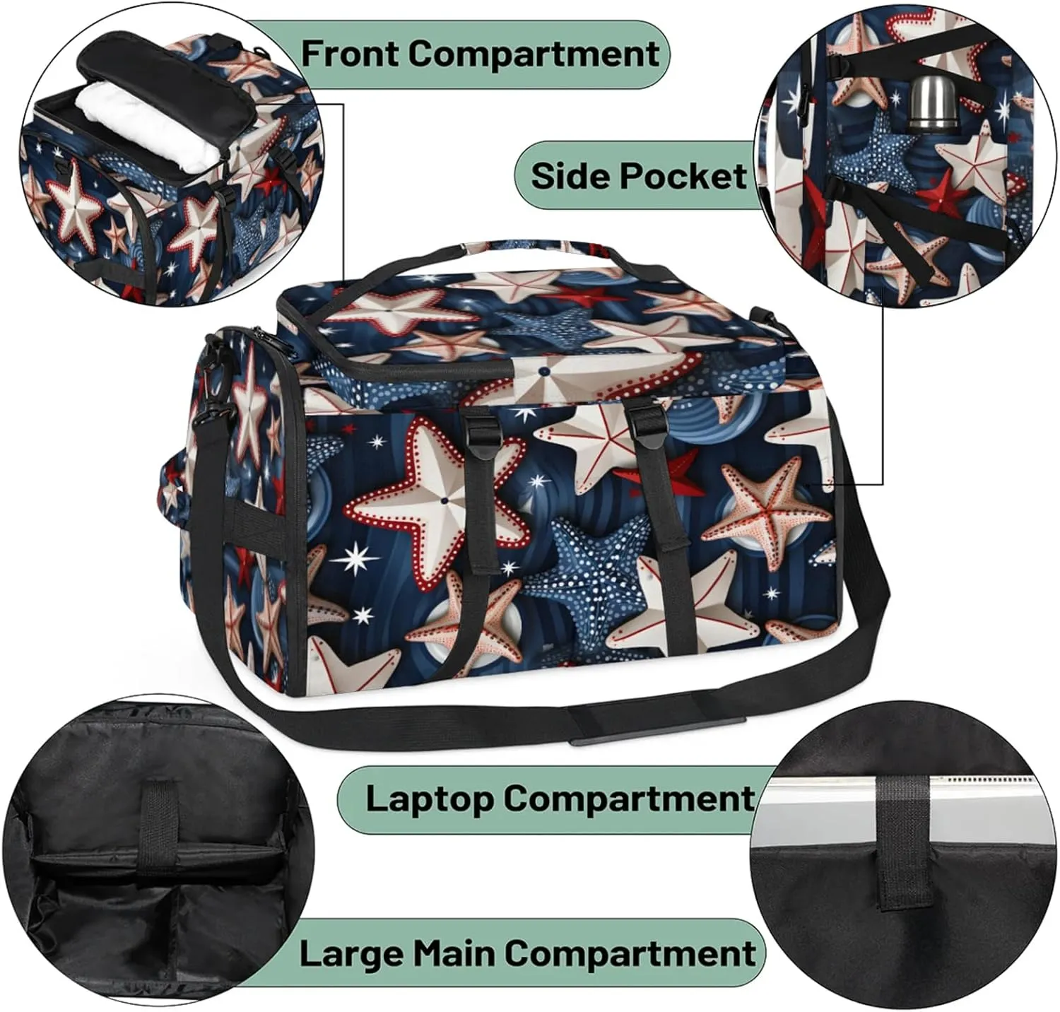 Tactical Sports Duffle Bag for Travel Waterproof Gym Bag with Shoe Compartment 48L Carry On Luggage for Men & Women 3-in-1 Durable Travel Luggage Geometric Starfish Patriotic