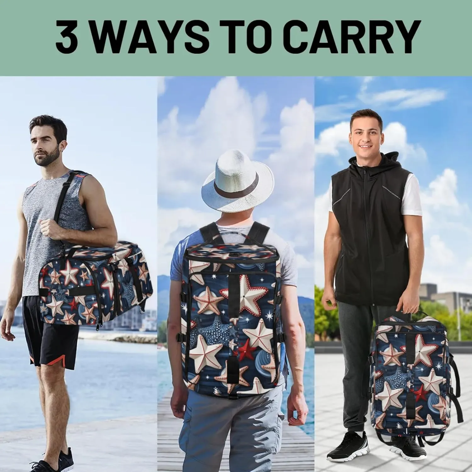 Tactical Sports Duffle Bag for Travel Waterproof Gym Bag with Shoe Compartment 48L Carry On Luggage for Men & Women 3-in-1 Durable Travel Luggage Geometric Starfish Patriotic