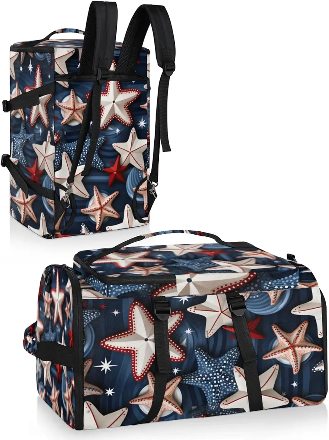Tactical Sports Duffle Bag for Travel Waterproof Gym Bag with Shoe Compartment 48L Carry On Luggage for Men & Women 3-in-1 Durable Travel Luggage Geometric Starfish Patriotic