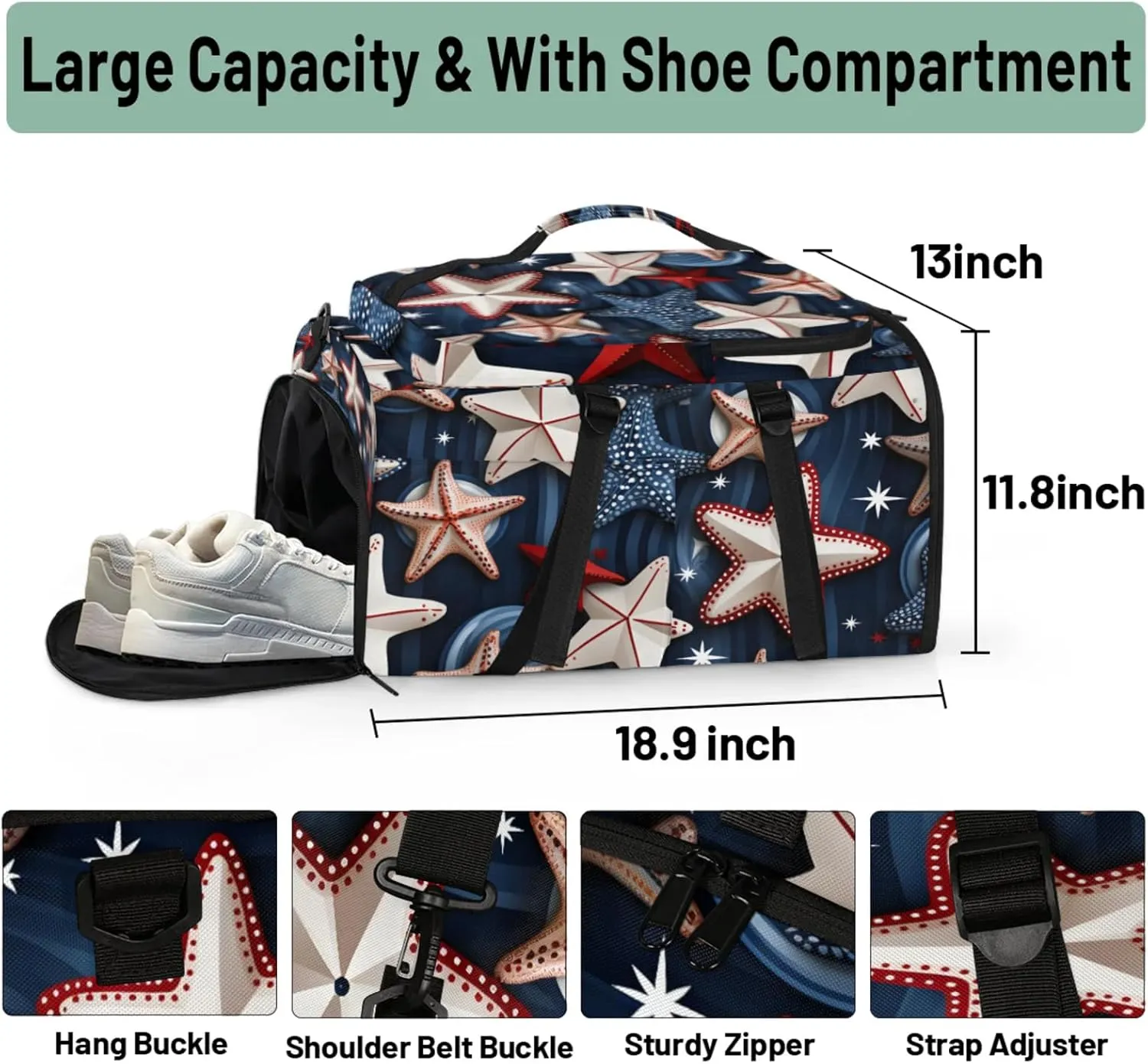 Tactical Sports Duffle Bag for Travel Waterproof Gym Bag with Shoe Compartment 48L Carry On Luggage for Men & Women 3-in-1 Durable Travel Luggage Geometric Starfish Patriotic