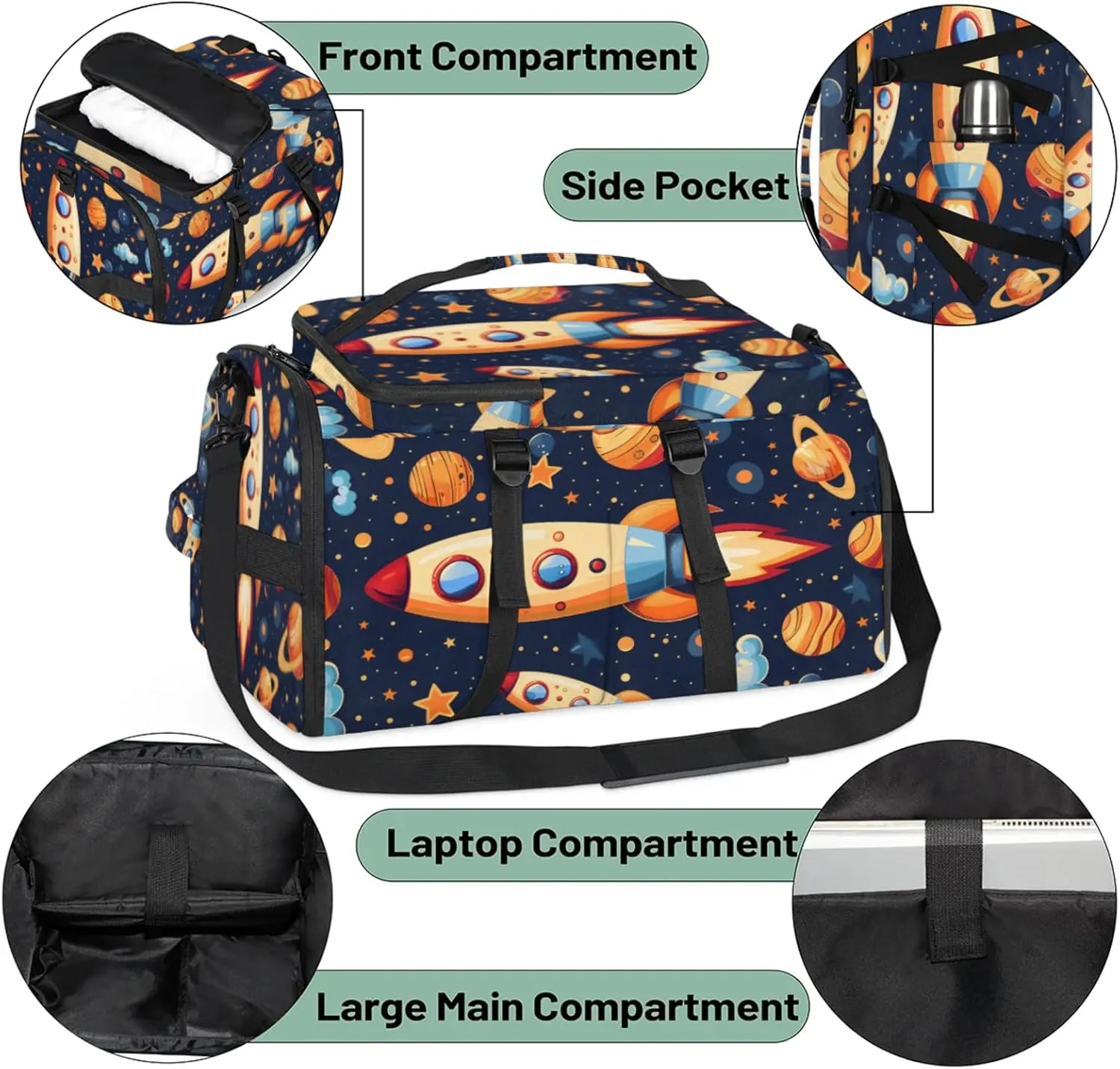 Tactical Sports Duffle Bag for Travel Waterproof Gym Bag with Shoe Compartment 48L Carry On Luggage for Men & Women 3-in-1 Durable Travel Luggage Launch Space Rocket