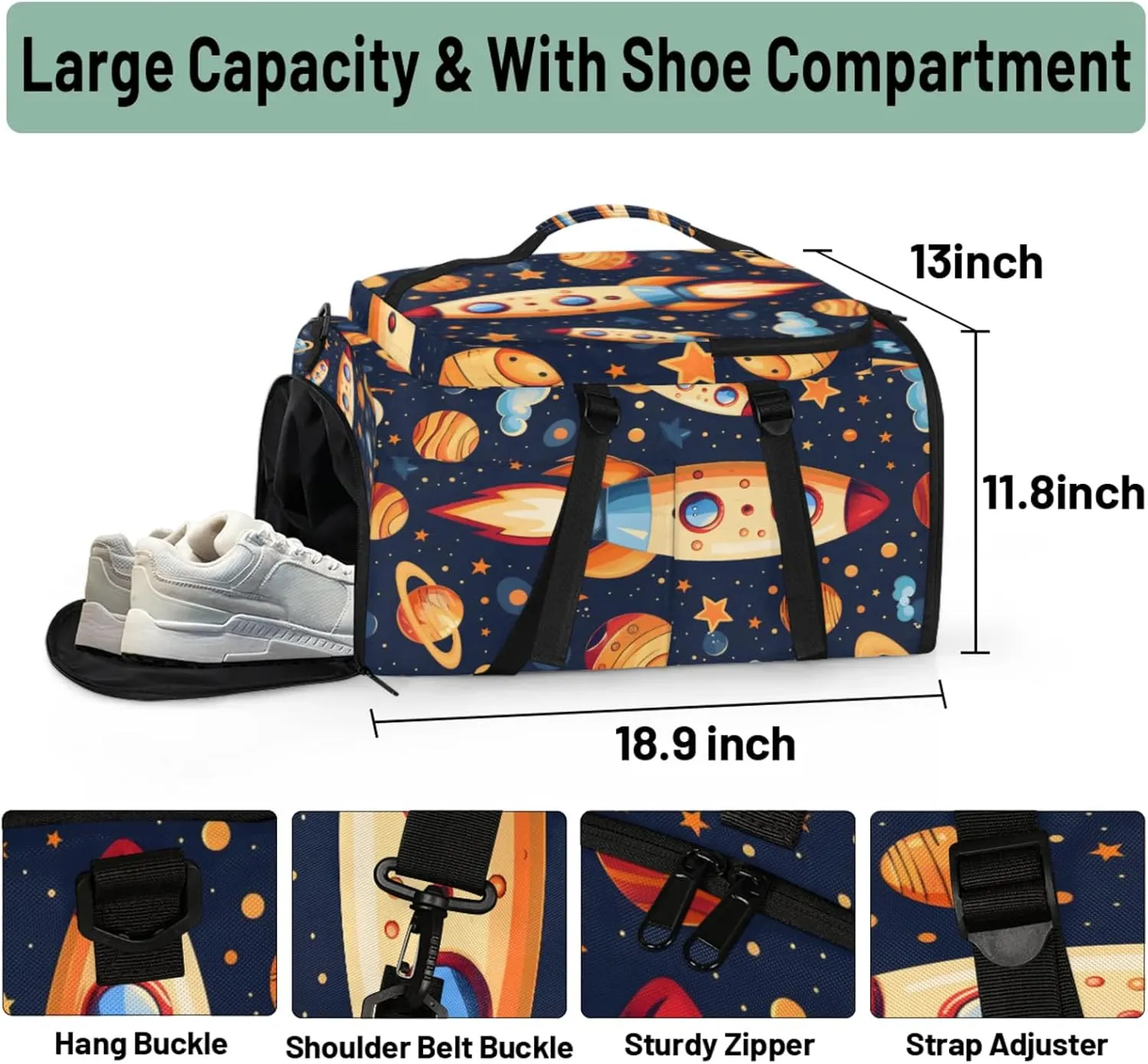 Tactical Sports Duffle Bag for Travel Waterproof Gym Bag with Shoe Compartment 48L Carry On Luggage for Men & Women 3-in-1 Durable Travel Luggage Launch Space Rocket