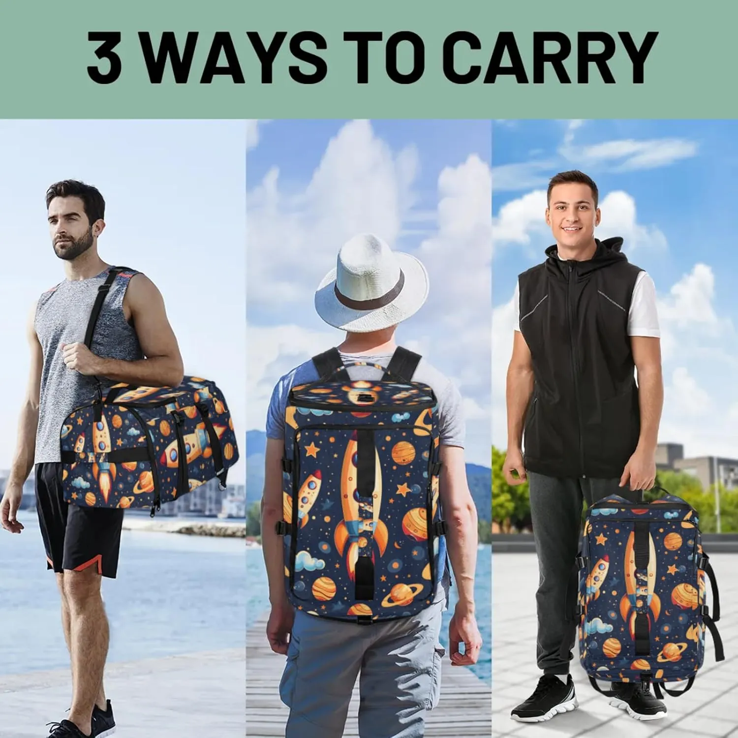 Tactical Sports Duffle Bag for Travel Waterproof Gym Bag with Shoe Compartment 48L Carry On Luggage for Men & Women 3-in-1 Durable Travel Luggage Launch Space Rocket