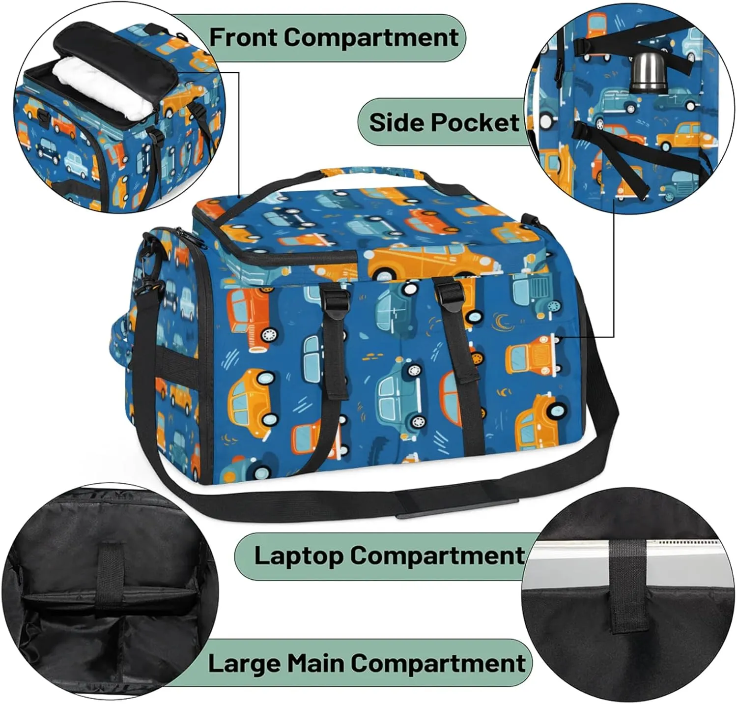 Tactical Sports Duffle Bag for Travel Waterproof Gym Bag with Shoe Compartment 48L Carry On Luggage for Men & Women 3-in-1 Durable Travel Luggage Lovely Cars