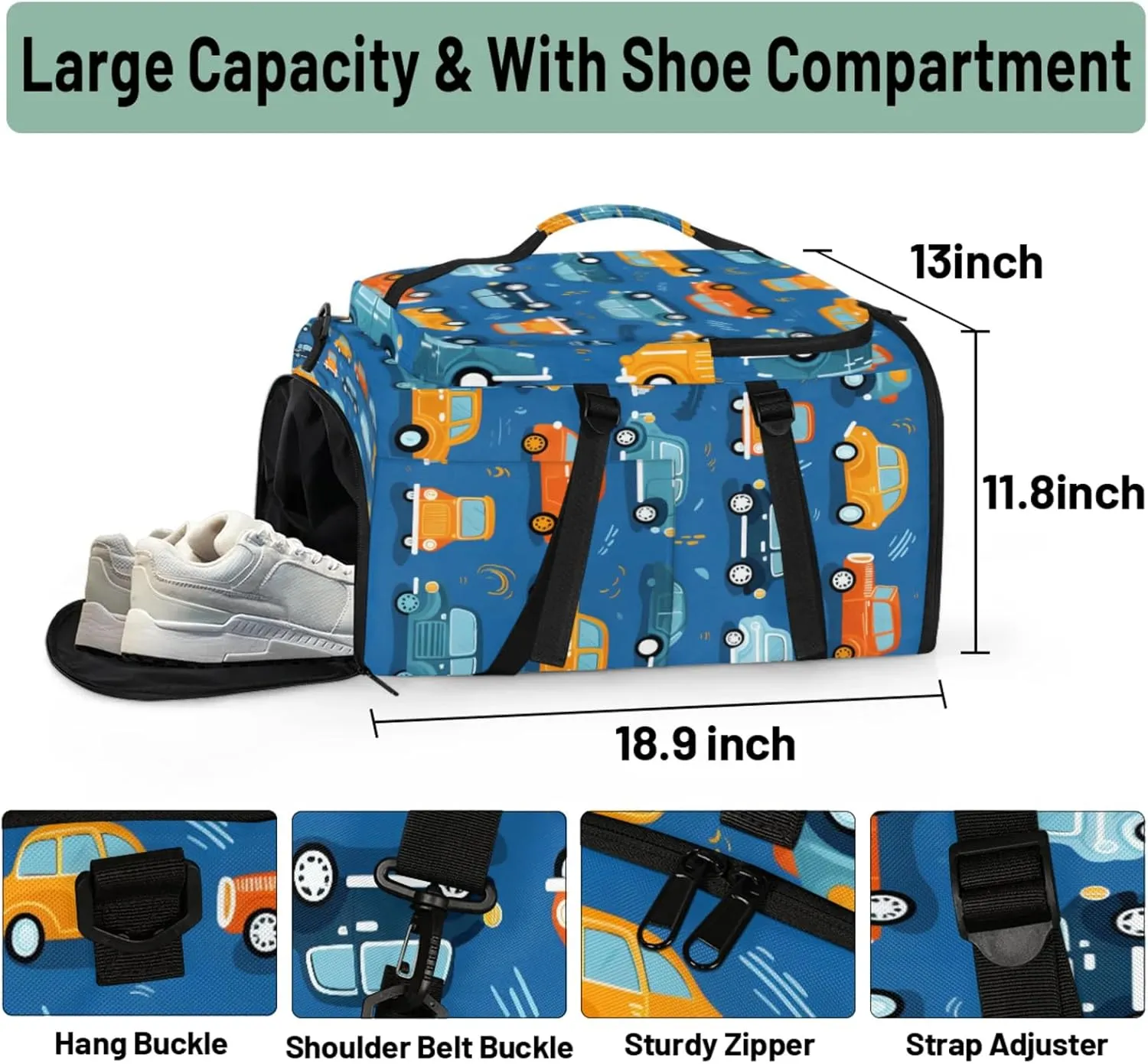 Tactical Sports Duffle Bag for Travel Waterproof Gym Bag with Shoe Compartment 48L Carry On Luggage for Men & Women 3-in-1 Durable Travel Luggage Lovely Cars