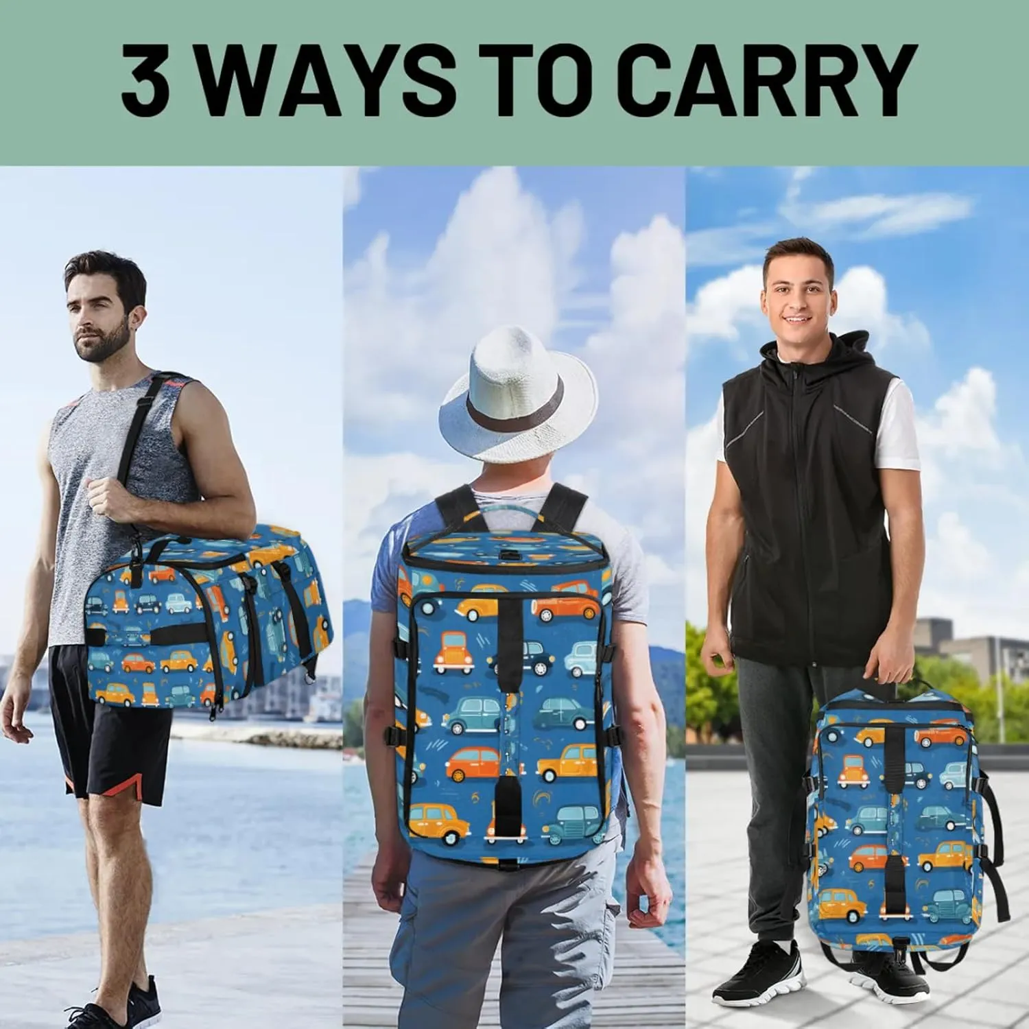 Tactical Sports Duffle Bag for Travel Waterproof Gym Bag with Shoe Compartment 48L Carry On Luggage for Men & Women 3-in-1 Durable Travel Luggage Lovely Cars