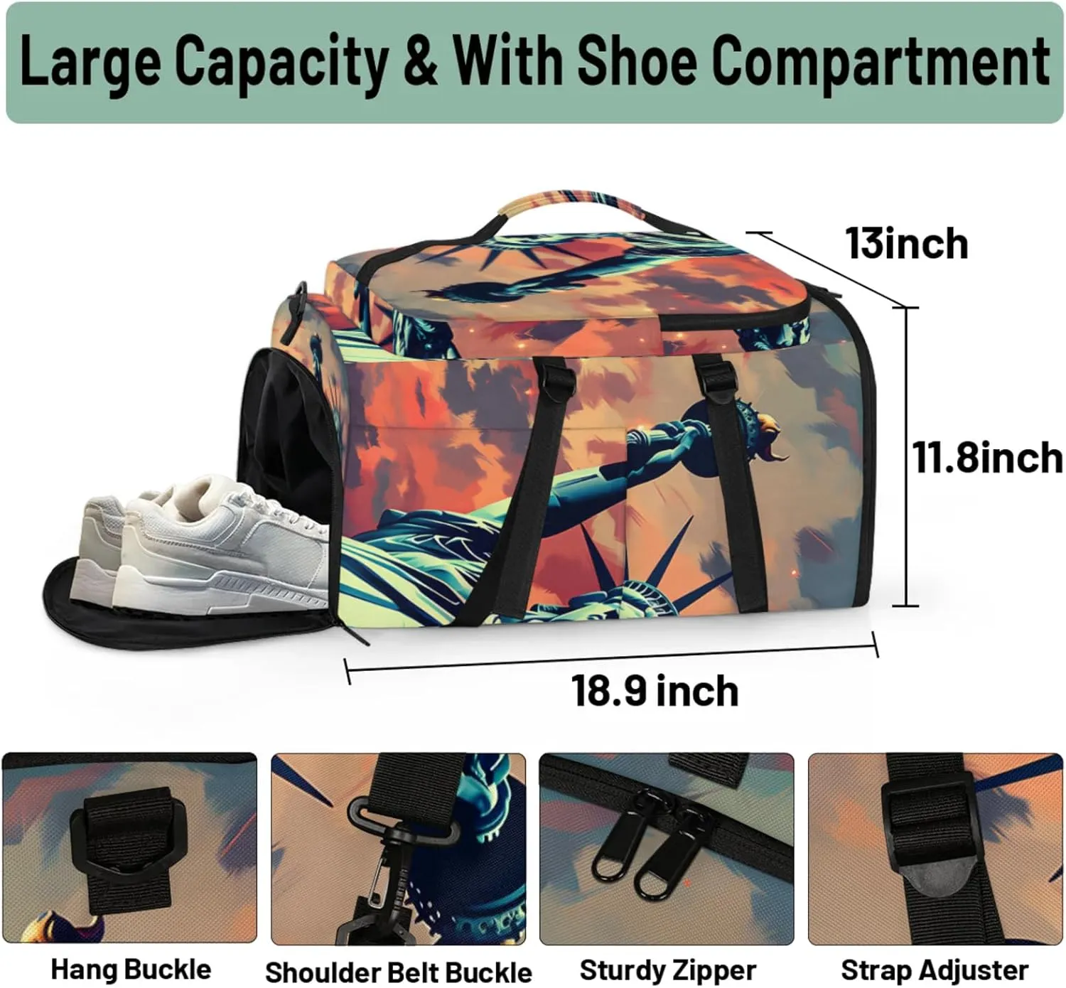 Tactical Sports Duffle Bag for Travel Waterproof Gym Bag with Shoe Compartment 48L Carry On Luggage for Men & Women 3-in-1 Durable Travel Luggage Patriotic Statue of Liberty