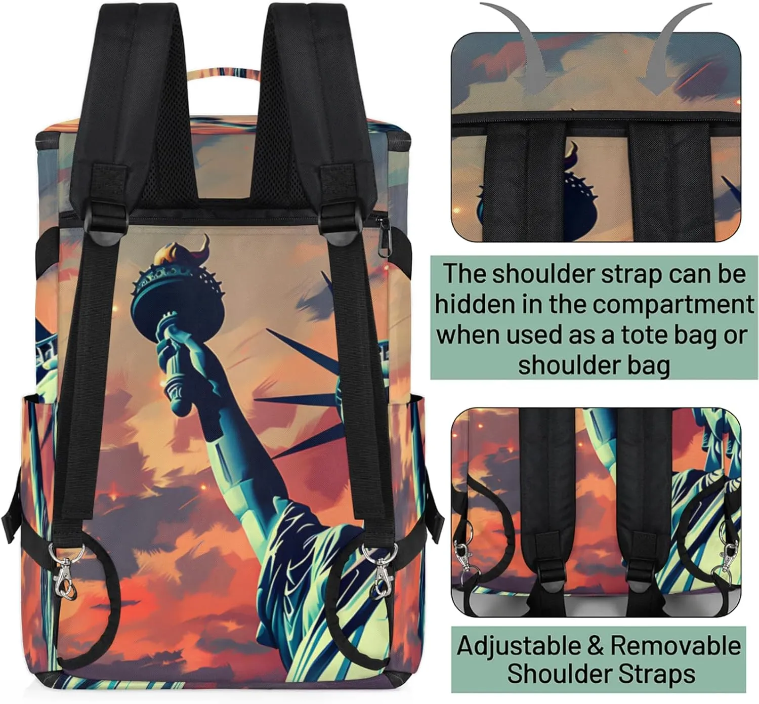 Tactical Sports Duffle Bag for Travel Waterproof Gym Bag with Shoe Compartment 48L Carry On Luggage for Men & Women 3-in-1 Durable Travel Luggage Patriotic Statue of Liberty