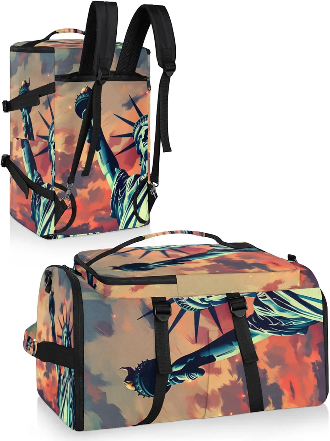 Tactical Sports Duffle Bag for Travel Waterproof Gym Bag with Shoe Compartment 48L Carry On Luggage for Men & Women 3-in-1 Durable Travel Luggage Patriotic Statue of Liberty