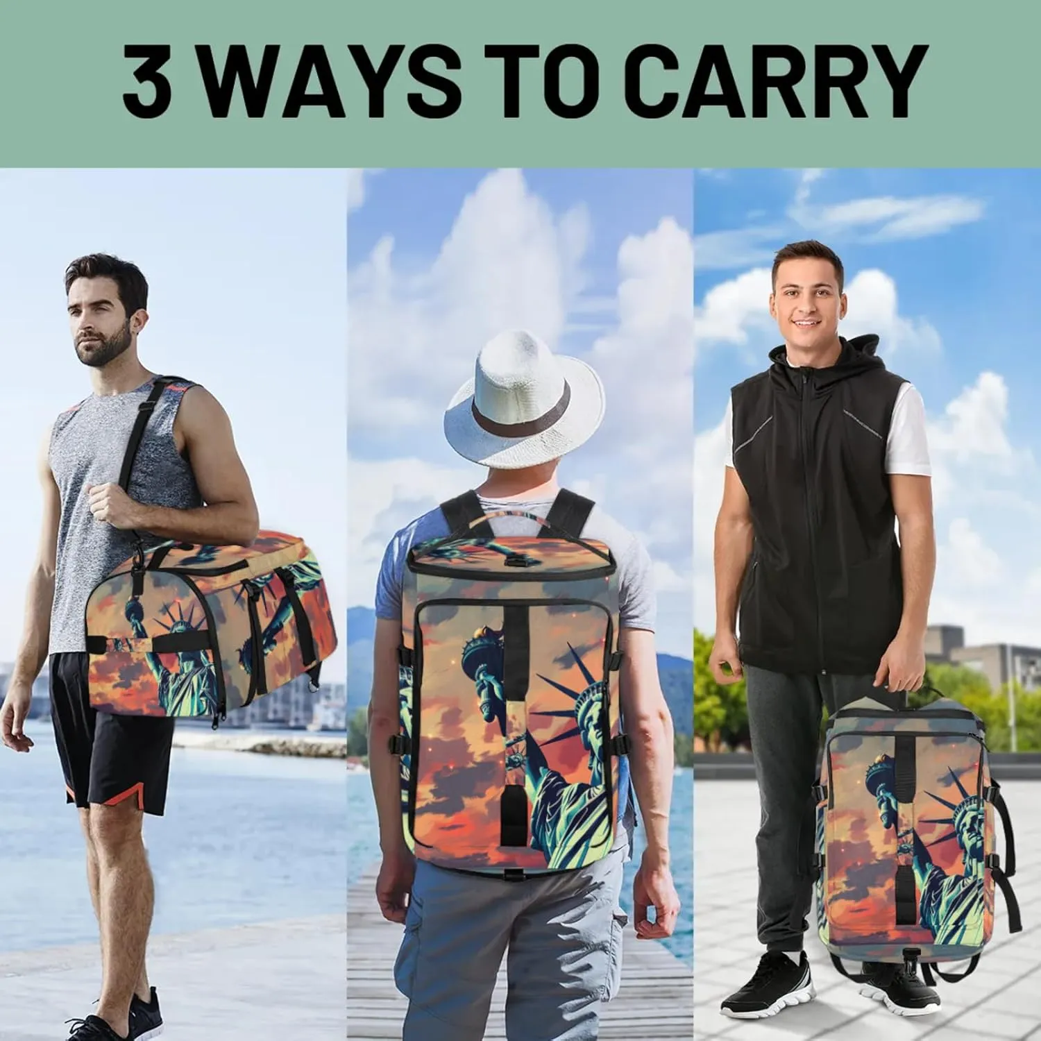 Tactical Sports Duffle Bag for Travel Waterproof Gym Bag with Shoe Compartment 48L Carry On Luggage for Men & Women 3-in-1 Durable Travel Luggage Patriotic Statue of Liberty
