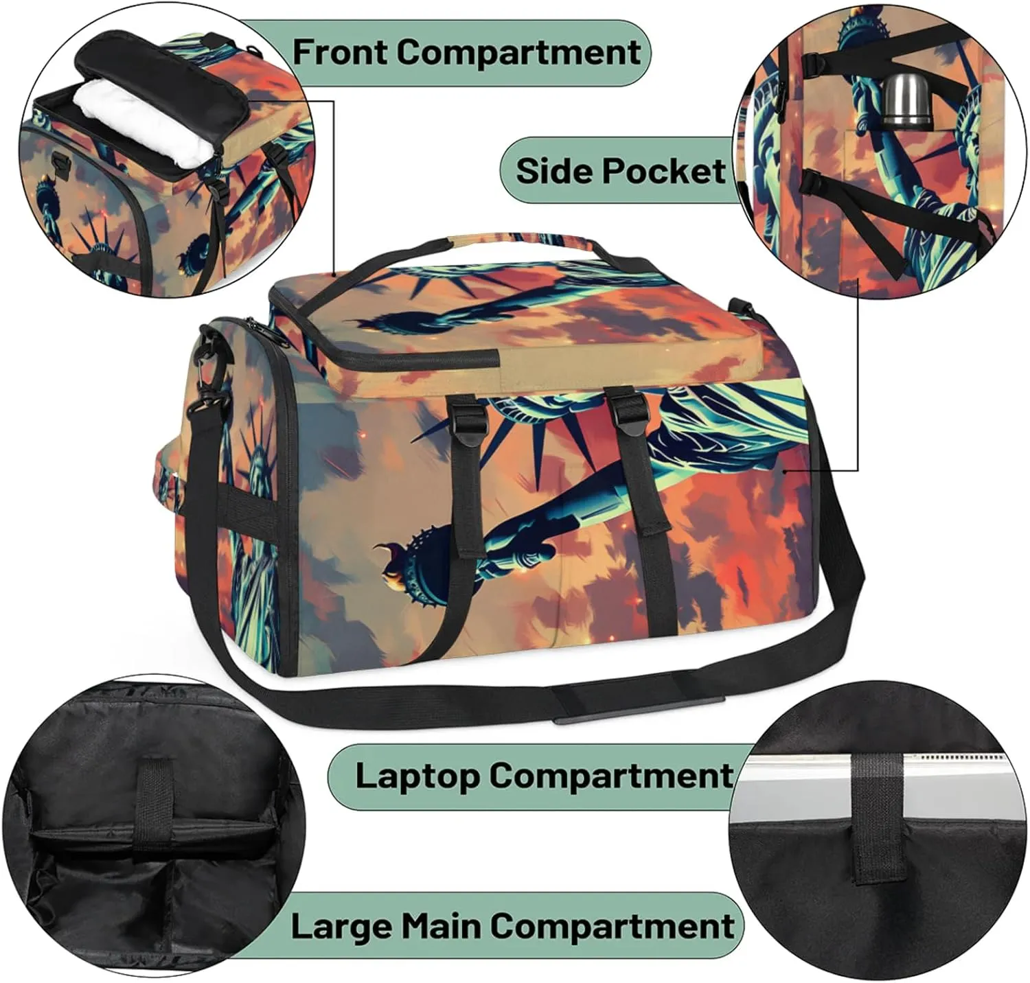 Tactical Sports Duffle Bag for Travel Waterproof Gym Bag with Shoe Compartment 48L Carry On Luggage for Men & Women 3-in-1 Durable Travel Luggage Patriotic Statue of Liberty