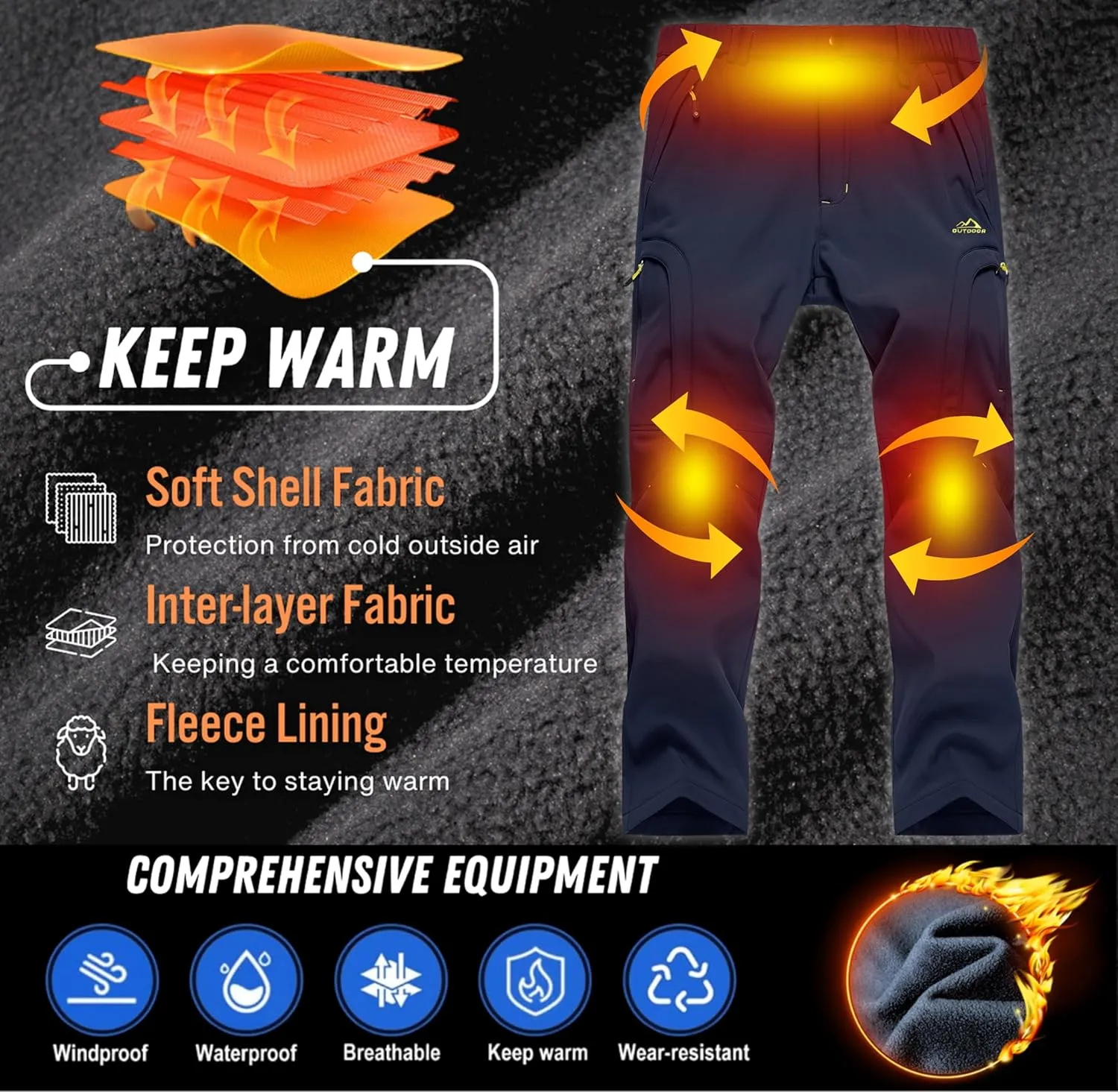 TACVASEN Winter Pants for Men Fleece Lined Waterproof Pants Insulated Hiking Pant for Ski Snowboard Outdoor Work Hunting