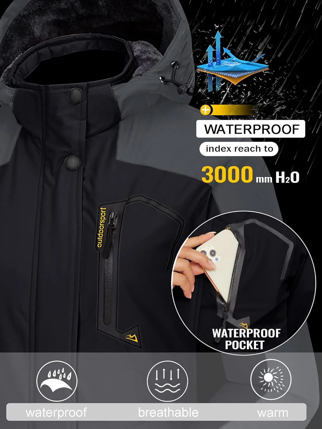 TACVASEN Women's Winter Jacket Waterproof Ski Jacket Hooded Fleece Lined Warm Snow Coat Mountain Windproof Rain Windbreaker