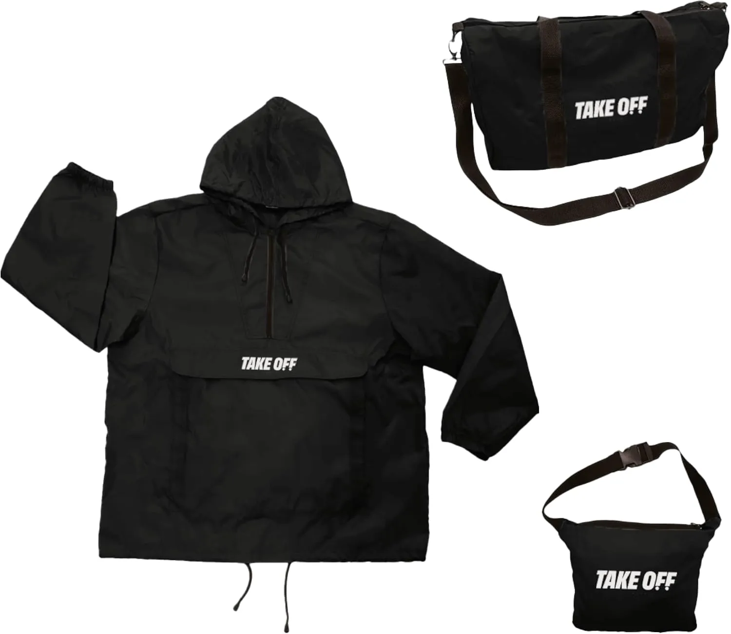TAKE OFF 3-in-1 Duffle Bag Jacket, Converts Pouch to Duffle bag to Jacket, Kangaroo Pocket, Lightweight Jacket, Fit for Travel, Waterproof Rain Duffle Bag Jacket, Large, Black