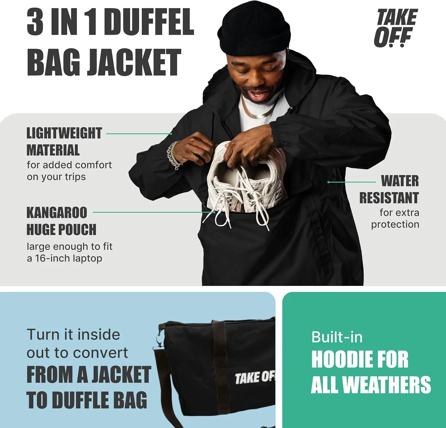 TAKE OFF 3-in-1 Duffle Bag Jacket, Converts Pouch to Duffle bag to Jacket, Kangaroo Pocket, Lightweight Jacket, Fit for Travel, Waterproof Rain Duffle Bag Jacket, Large, Black
