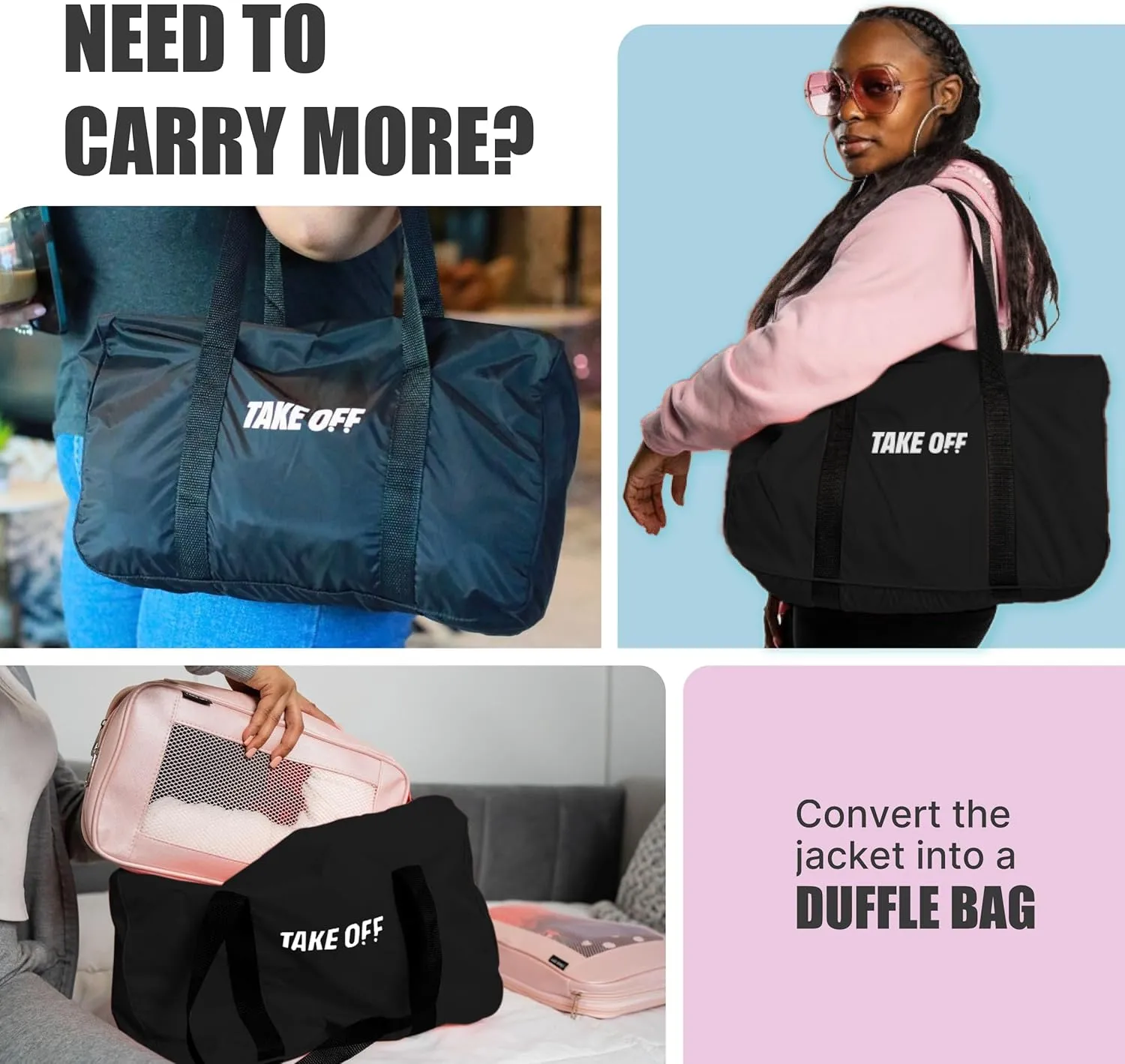TAKE OFF 3-in-1 Duffle Bag Jacket, Converts Pouch to Duffle bag to Jacket, Kangaroo Pocket, Lightweight Jacket, Fit for Travel, Waterproof Rain Duffle Bag Jacket, Large, Black