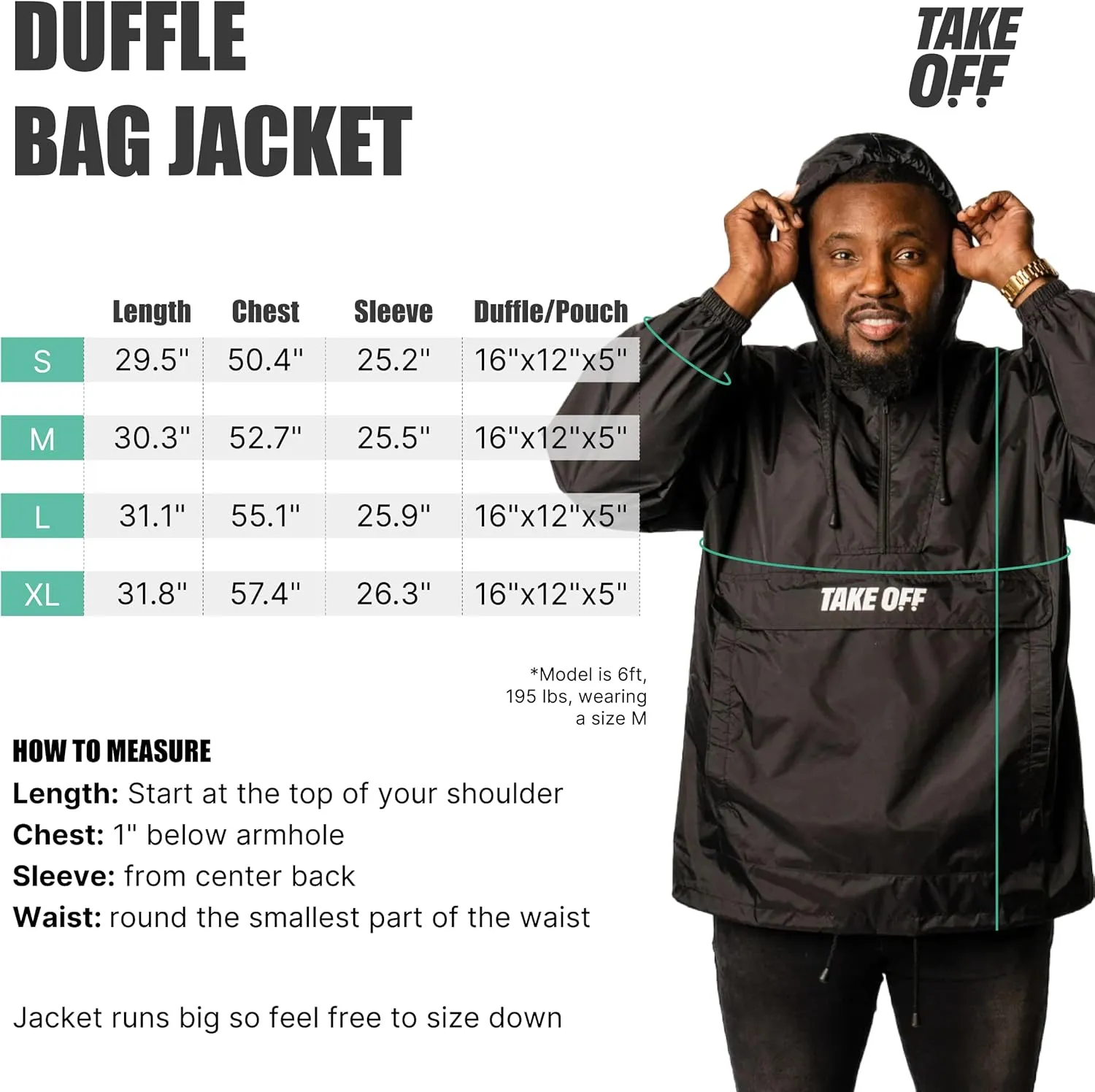 TAKE OFF 3-in-1 Duffle Bag Jacket, Converts Pouch to Duffle bag to Jacket, Kangaroo Pocket, Lightweight Jacket, Fit for Travel, Waterproof Rain Duffle Bag Jacket, Large, Black