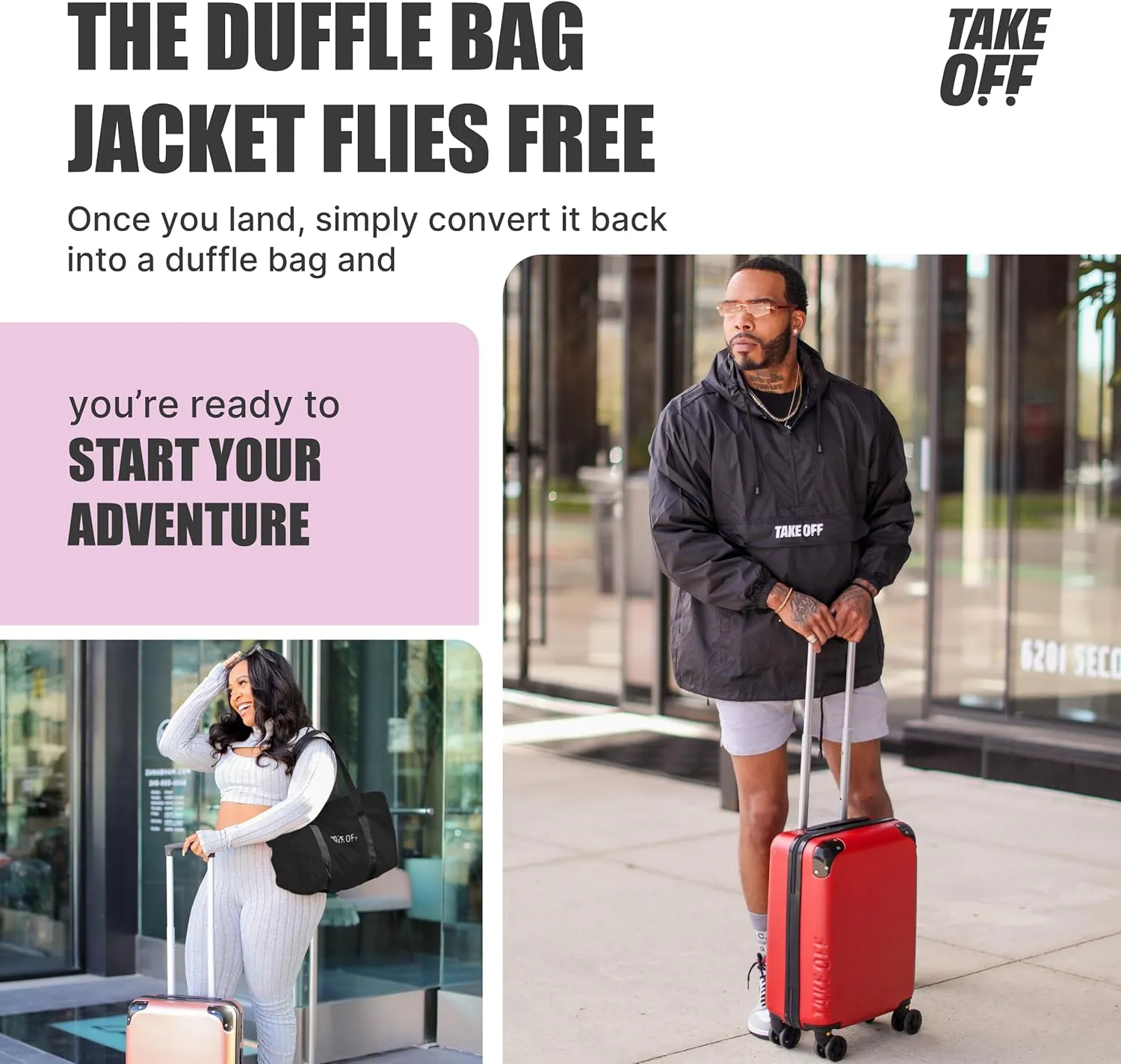 TAKE OFF 3-in-1 Duffle Bag Jacket, Converts Pouch to Duffle bag to Jacket, Kangaroo Pocket, Lightweight Jacket, Fit for Travel, Waterproof Rain Duffle Bag Jacket, Large, Black