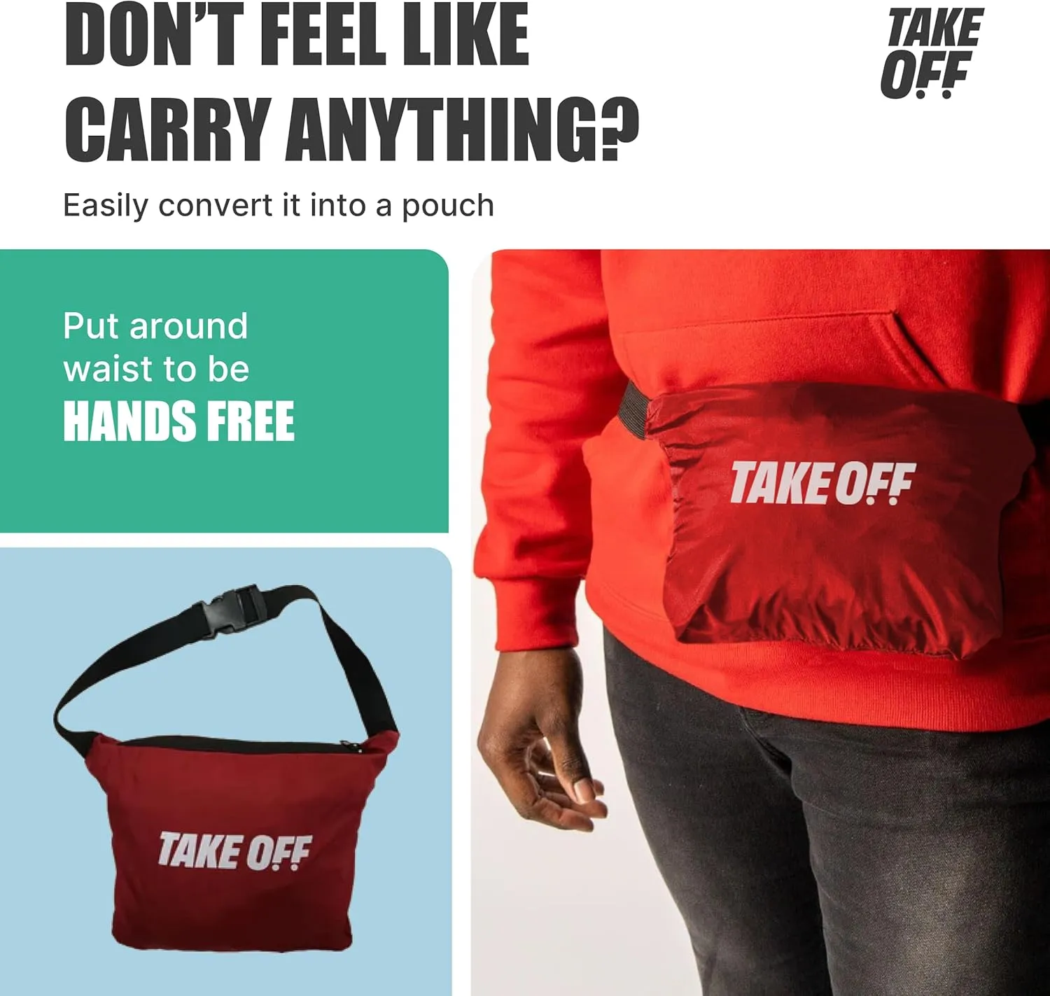 TAKE OFF 3-in-1 Duffle Bag Jacket, Converts Pouch to Duffle bag to Jacket, Kangaroo Pocket, Lightweight Jacket, Fit for Travel, Waterproof Rain Duffle Bag Jacket, Large, Red