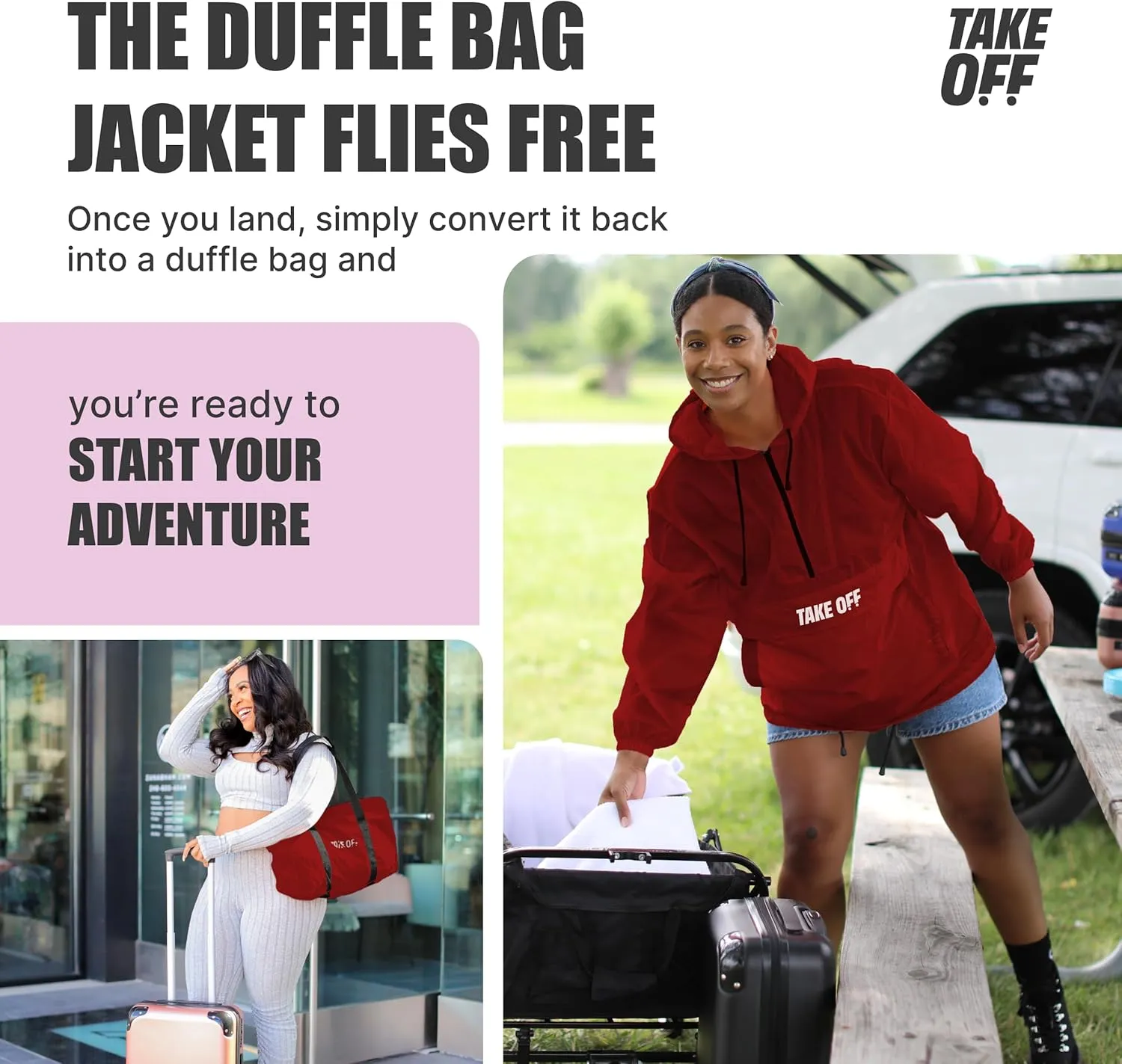 TAKE OFF 3-in-1 Duffle Bag Jacket, Converts Pouch to Duffle bag to Jacket, Kangaroo Pocket, Lightweight Jacket, Fit for Travel, Waterproof Rain Duffle Bag Jacket, Large, Red