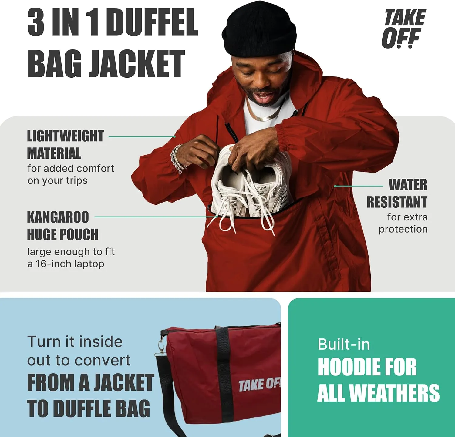 TAKE OFF 3-in-1 Duffle Bag Jacket, Converts Pouch to Duffle bag to Jacket, Kangaroo Pocket, Lightweight Jacket, Fit for Travel, Waterproof Rain Duffle Bag Jacket, Large, Red