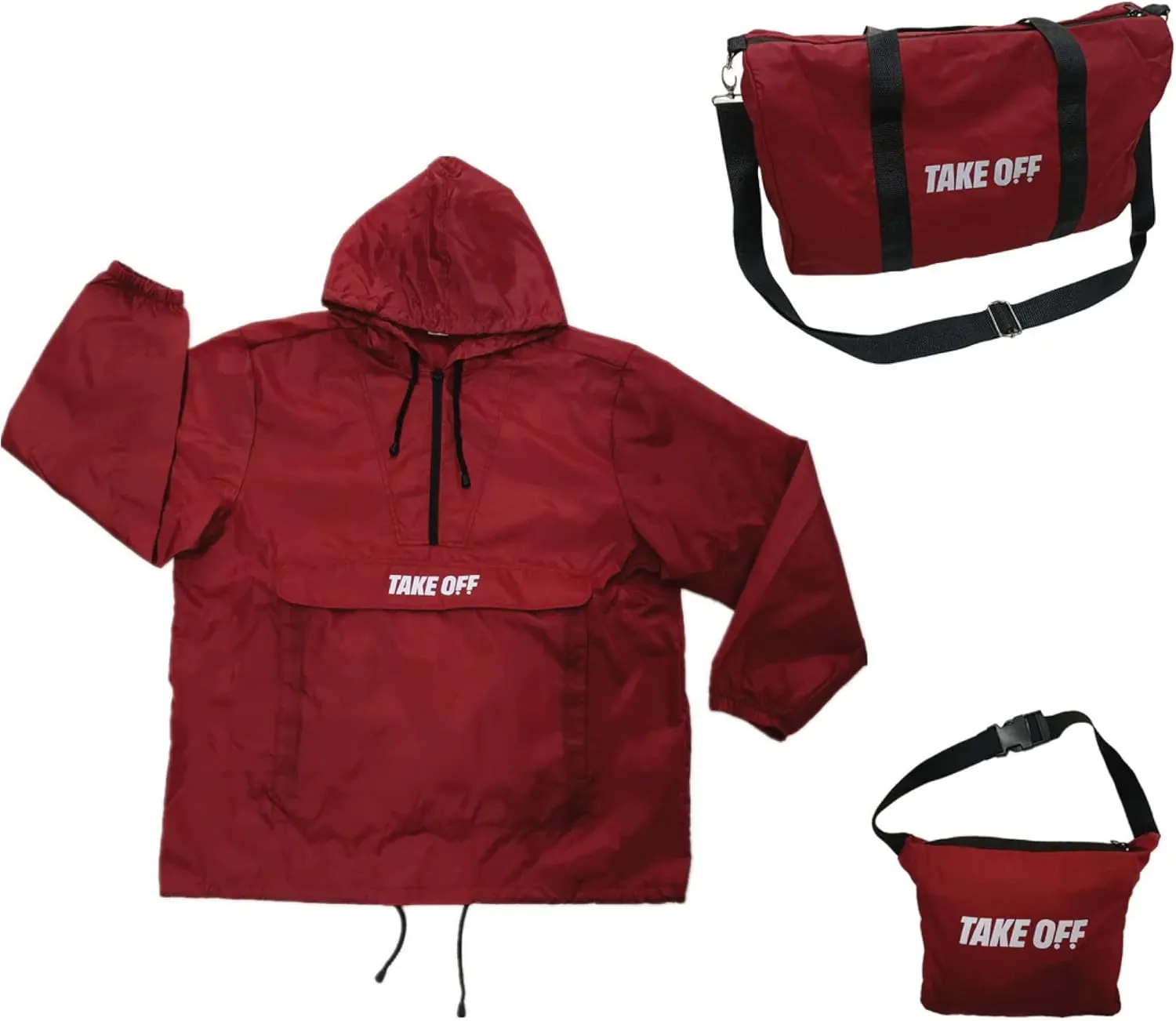 TAKE OFF 3-in-1 Duffle Bag Jacket, Converts Pouch to Duffle bag to Jacket, Kangaroo Pocket, Lightweight Jacket, Fit for Travel, Waterproof Rain Duffle Bag Jacket, Large, Red