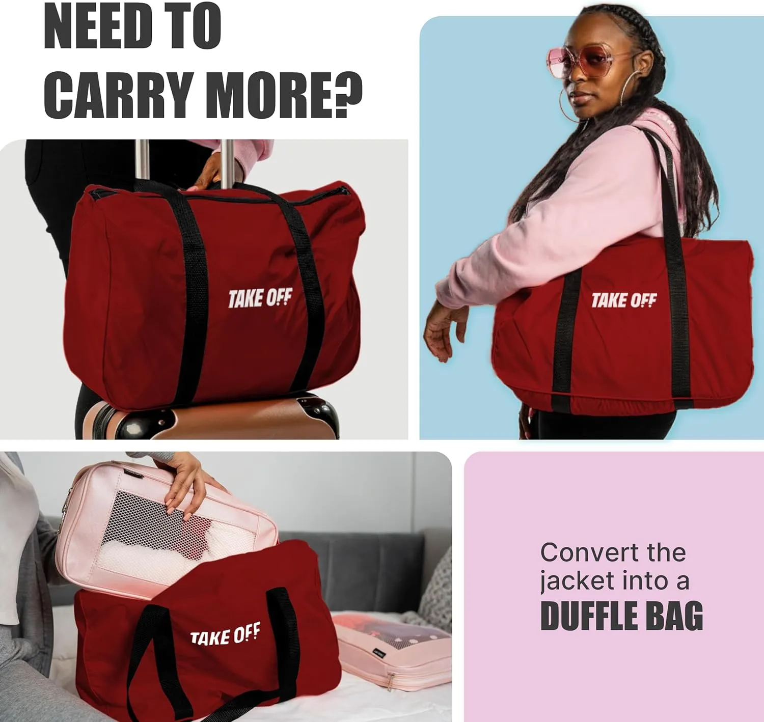 TAKE OFF 3-in-1 Duffle Bag Jacket, Converts Pouch to Duffle bag to Jacket, Kangaroo Pocket, Lightweight Jacket, Fit for Travel, Waterproof Rain Duffle Bag Jacket, Large, Red