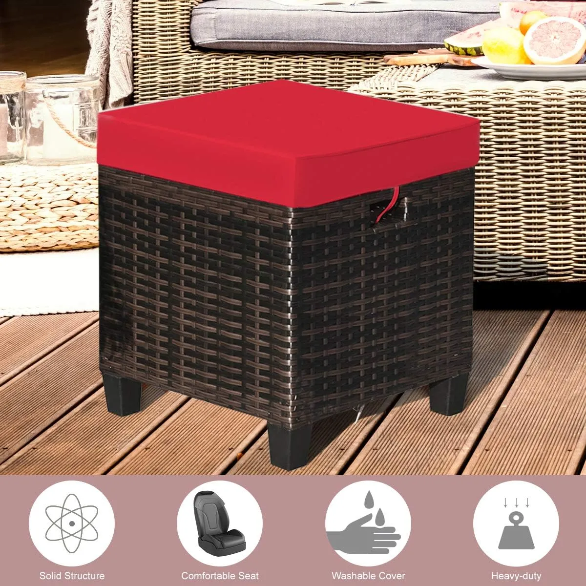 Tangkula 2 Pieces Outdoor Patio Ottoman, All Weather Rattan Wicker Ottoman Seat, Patio Rattan Furniture, Outdoor Footstool Footrest Seat w/Removable Cushions