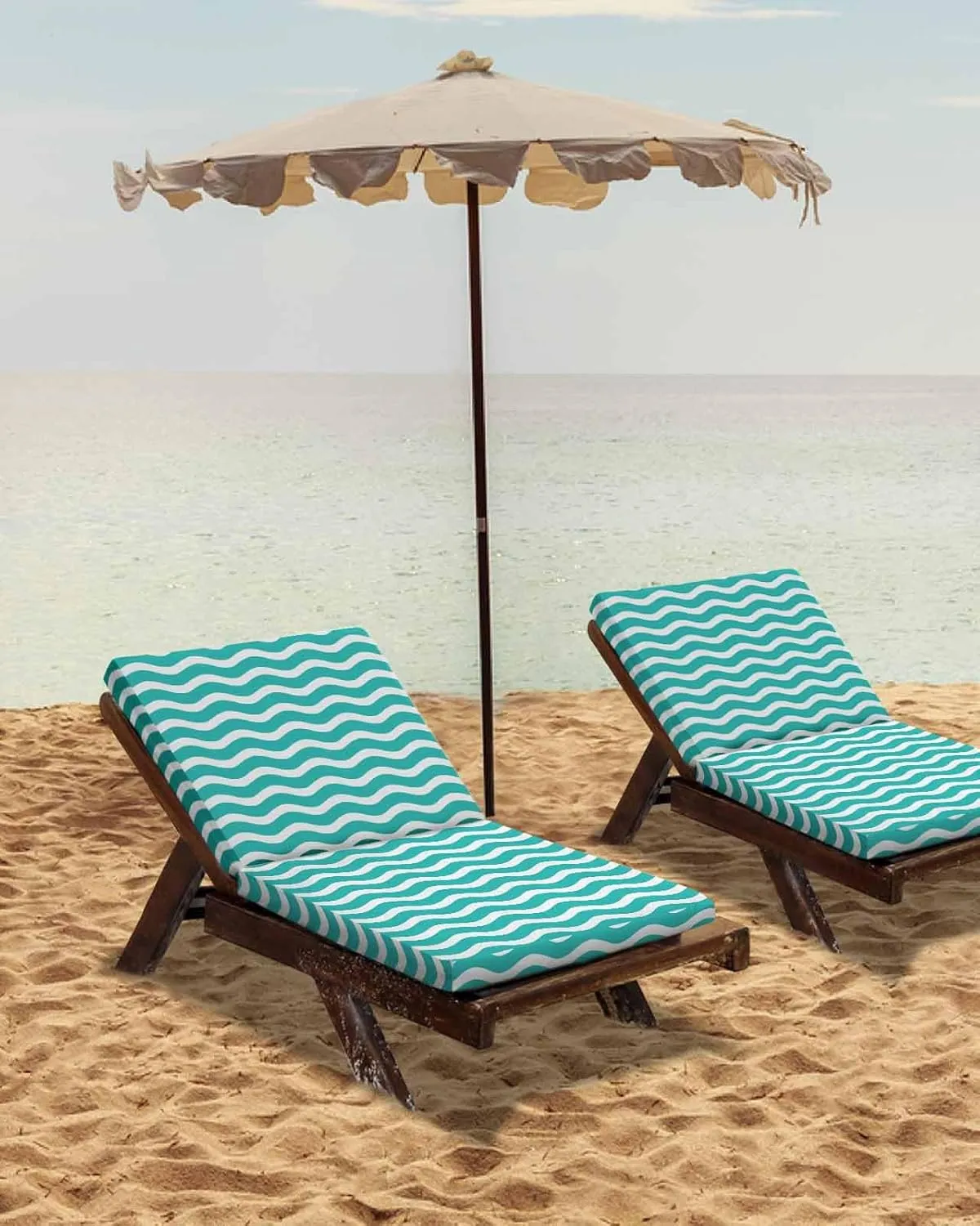 Teal Aqua Moire Ombre Outdoor Cushion Chair Cover Set of 2 - Waterproof Couch Seat Covers, Water Ripple Stripe Farmhouse Patio Furniture Protector Cushions Slipcovers for Sofa/RV, 22"x20"x4"