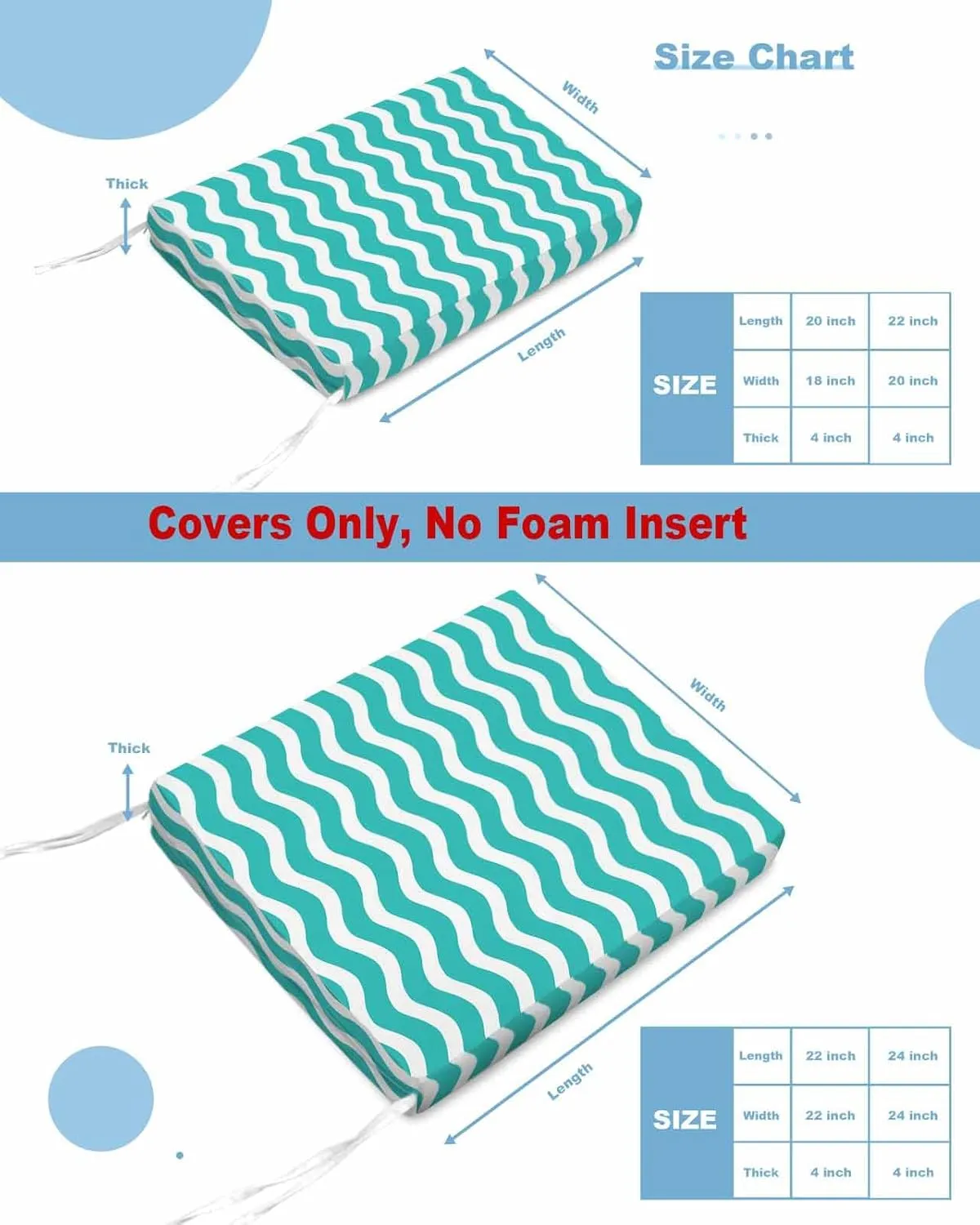 Teal Aqua Moire Ombre Outdoor Cushion Chair Cover Set of 2 - Waterproof Couch Seat Covers, Water Ripple Stripe Farmhouse Patio Furniture Protector Cushions Slipcovers for Sofa/RV, 22"x20"x4"