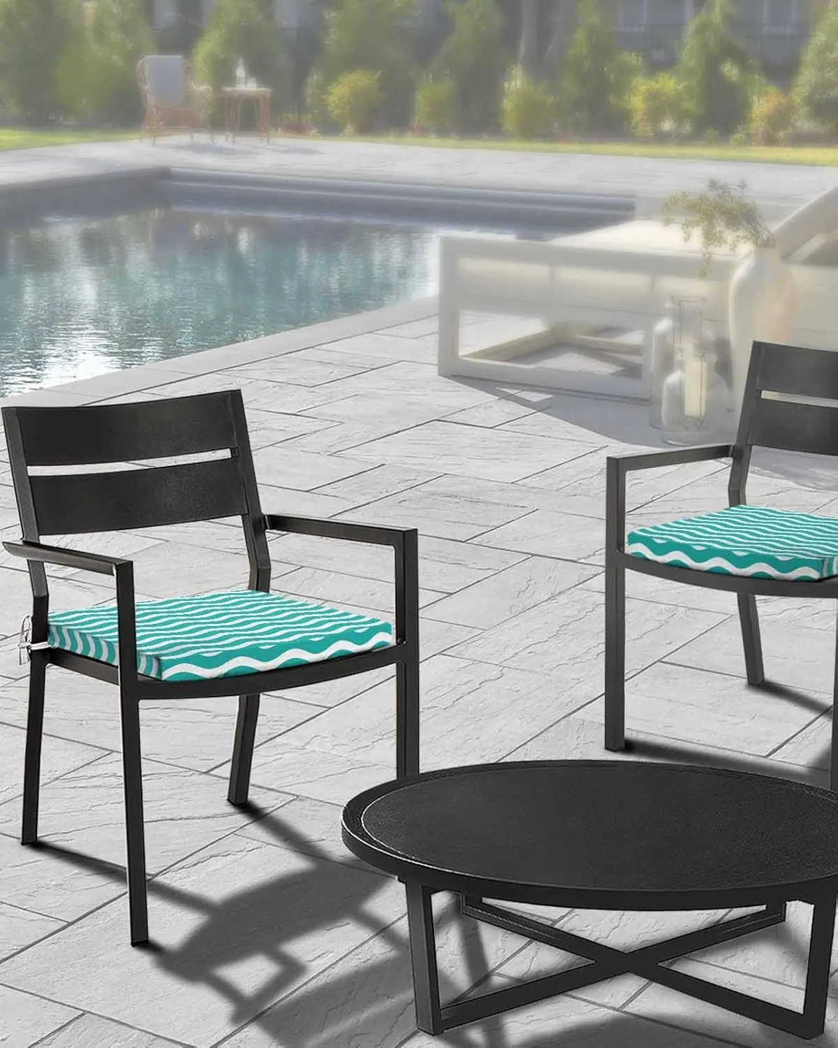 Teal Aqua Moire Ombre Outdoor Cushion Chair Cover Set of 2 - Waterproof Couch Seat Covers, Water Ripple Stripe Farmhouse Patio Furniture Protector Cushions Slipcovers for Sofa/RV, 22"x20"x4"