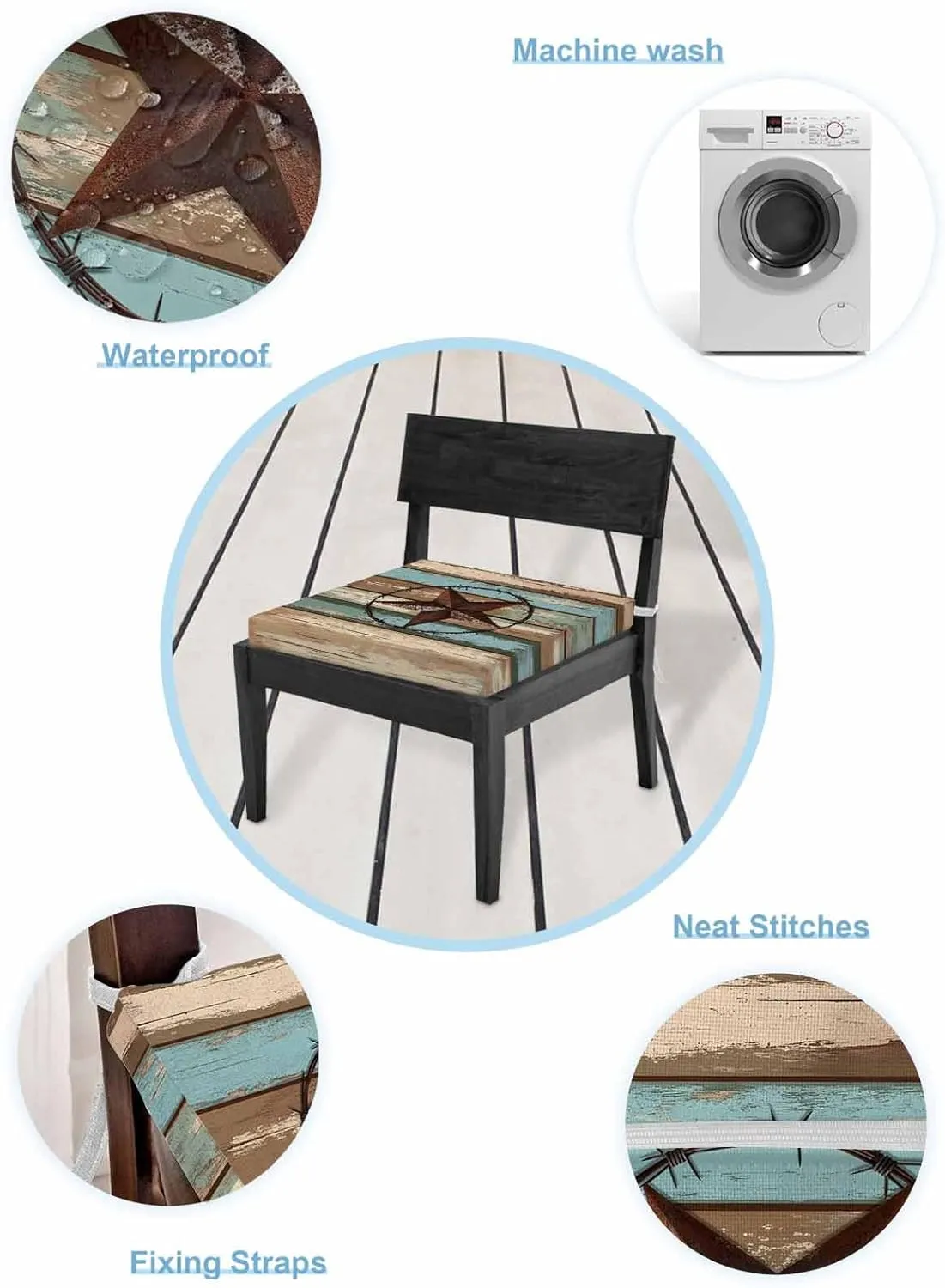Teal Brown Texas Star Outdoor Cushion Chair Cover Set of 4 - Waterproof Couch Seat Covers, Country Farmhouse Wooden Patio Furniture Protector Cushions Slipcovers for Sofa/RV, 20"x18"x4"