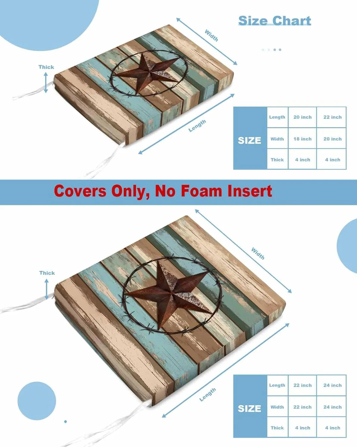 Teal Brown Texas Star Outdoor Cushion Chair Cover Set of 4 - Waterproof Couch Seat Covers, Country Farmhouse Wooden Patio Furniture Protector Cushions Slipcovers for Sofa/RV, 20"x18"x4"