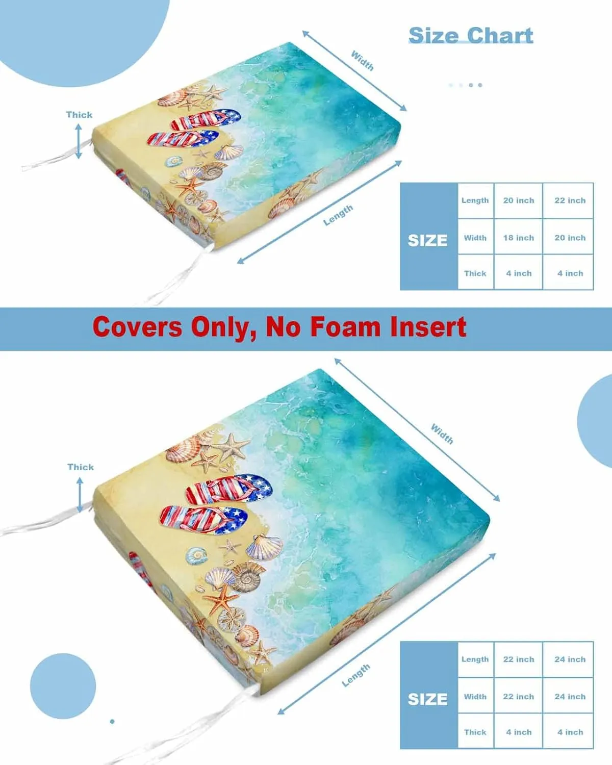 Teal Coastal Slippers Outdoor Cushion Chair Cover Set of 4 - Waterproof Couch Seat Covers, Summer Beach Shell Seaside Patio Furniture Protector Cushions Slipcovers for Sofa/RV, 24"x24"x4"