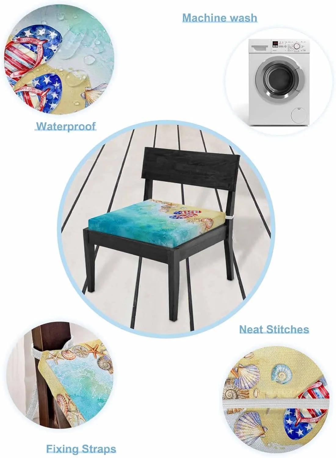 Teal Coastal Slippers Outdoor Cushion Chair Cover Set of 4 - Waterproof Couch Seat Covers, Summer Beach Shell Seaside Patio Furniture Protector Cushions Slipcovers for Sofa/RV, 24"x24"x4"