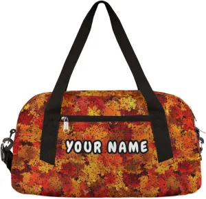 Thanksgiving Maple Fall Leaves Personalized Kids Duffel Bag for Girls Boys, Maple Customized Name Dance Bag Overnight Small Duffel Bag Carry On Weekend Travel Bag for School Practice Gymnastics Ballet