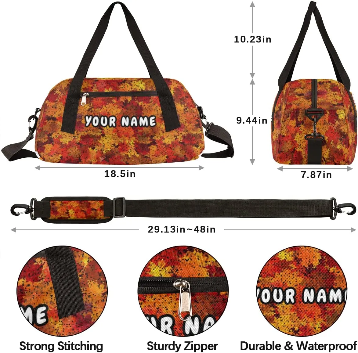 Thanksgiving Maple Fall Leaves Personalized Kids Duffel Bag for Girls Boys, Maple Customized Name Dance Bag Overnight Small Duffel Bag Carry On Weekend Travel Bag for School Practice Gymnastics Ballet
