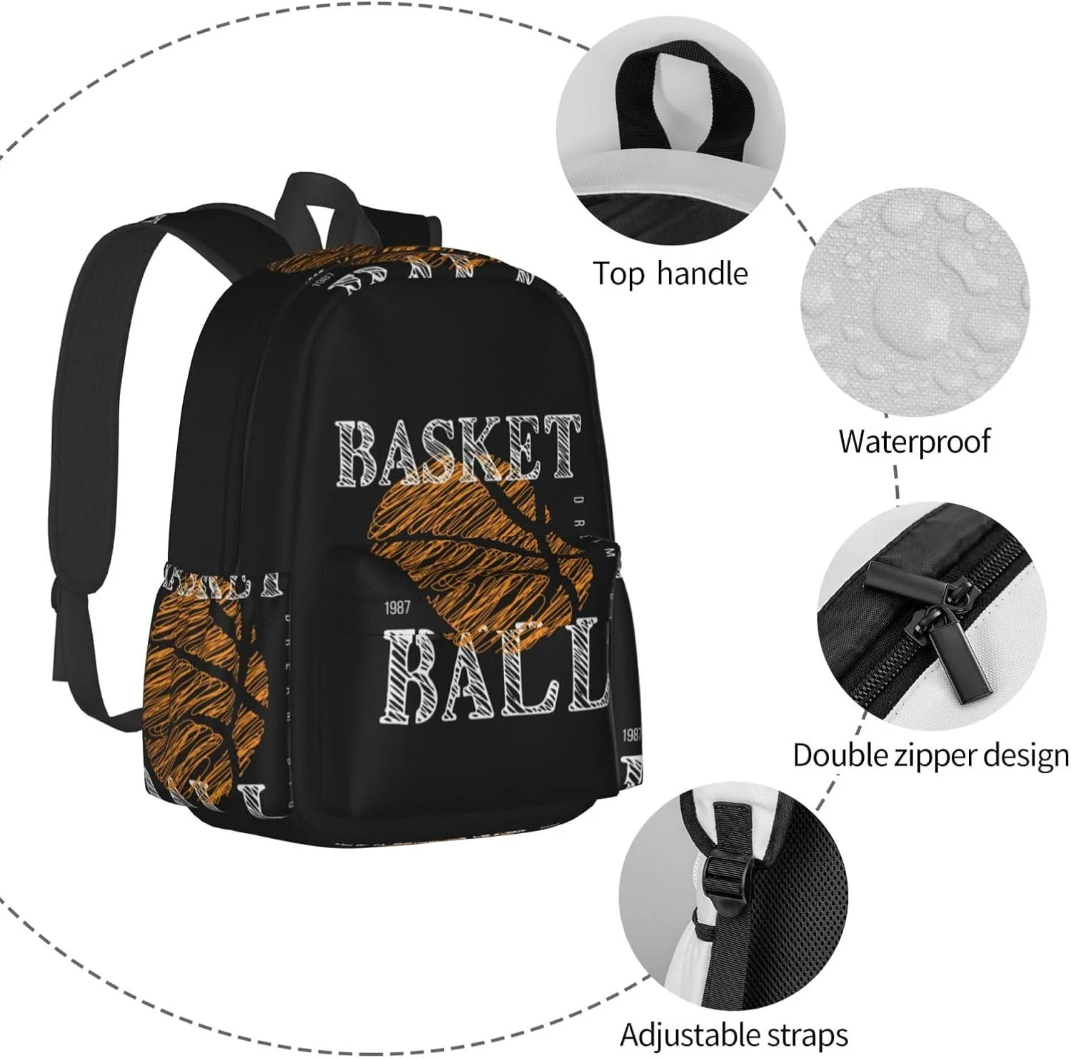Theme Dream Big Basketball Graphics 1987 Laptop Backpack Shoulder Bag Laptop Pack Travel Backpacks Commuter Back Pack Casual Daypack Bags With Side Pockets