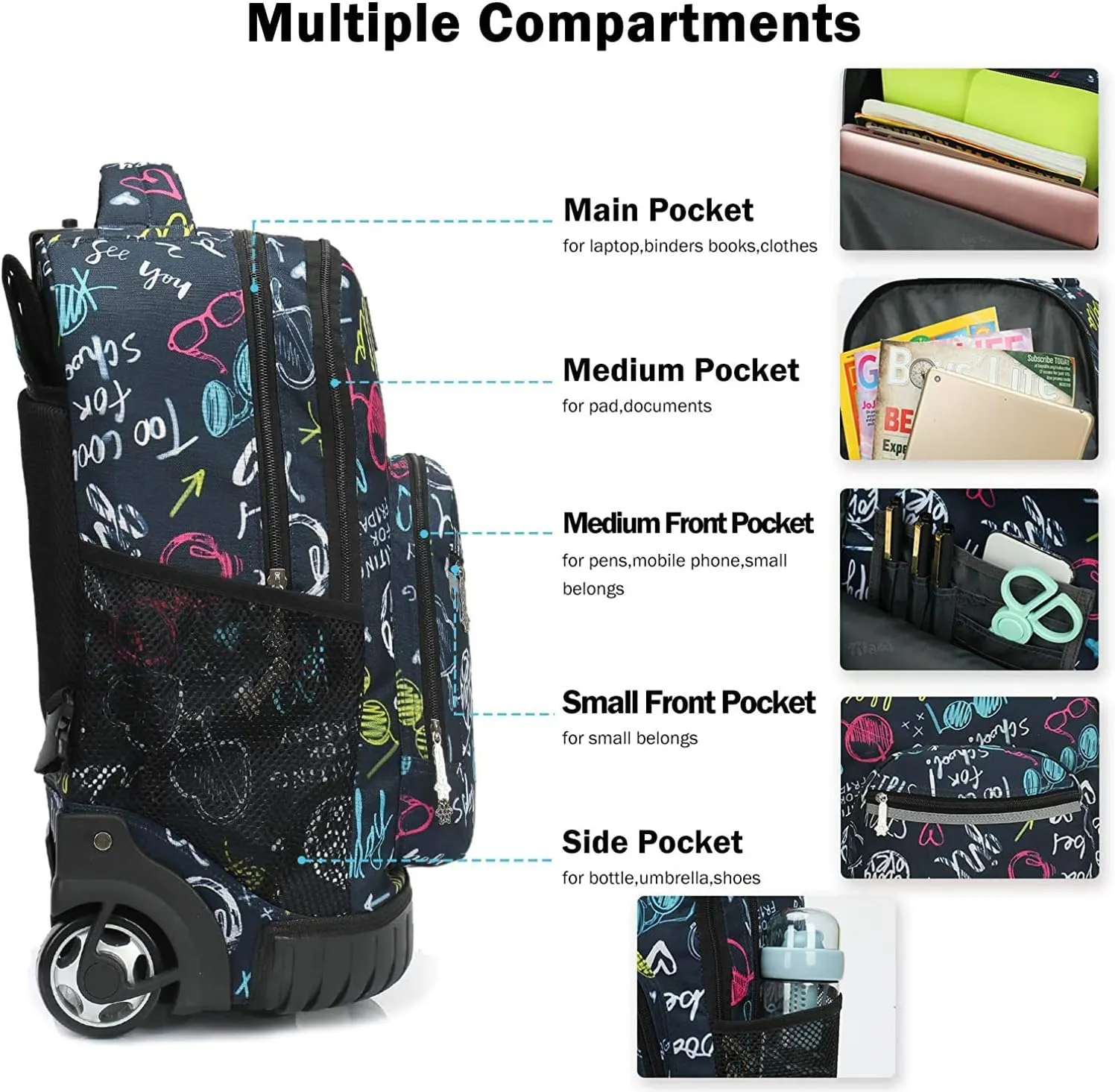 Tilami Rolling Backpack Laptop 18 inch with Lunch Bag, Weekend