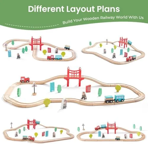 Tiny Land Wooden Train Set for Toddler - 39 Pcs- with Wooden Tracks fits Thomas, fits Brio, fits Chuggington, fits Melissa and Doug - Expandable, Changeable-Train Toy for 3 4 5 Years Old Girls & Boys