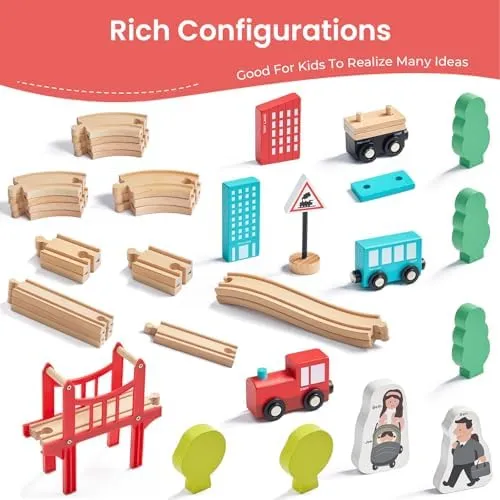 Tiny Land Wooden Train Set for Toddler - 39 Pcs- with Wooden Tracks fits Thomas, fits Brio, fits Chuggington, fits Melissa and Doug - Expandable, Changeable-Train Toy for 3 4 5 Years Old Girls & Boys