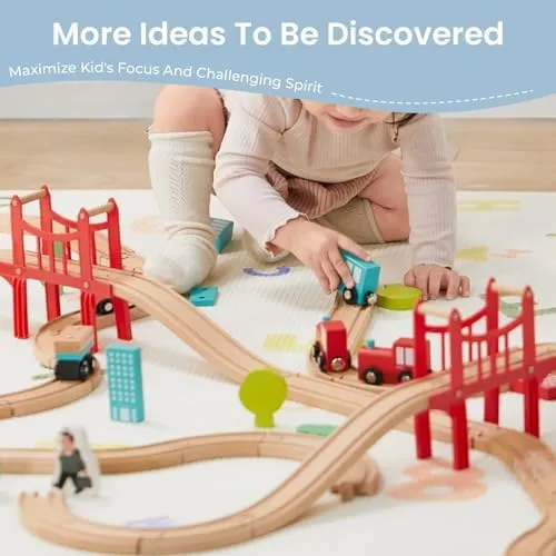 Tiny Land Wooden Train Set for Toddler - 39 Pcs- with Wooden Tracks fits Thomas, fits Brio, fits Chuggington, fits Melissa and Doug - Expandable, Changeable-Train Toy for 3 4 5 Years Old Girls & Boys