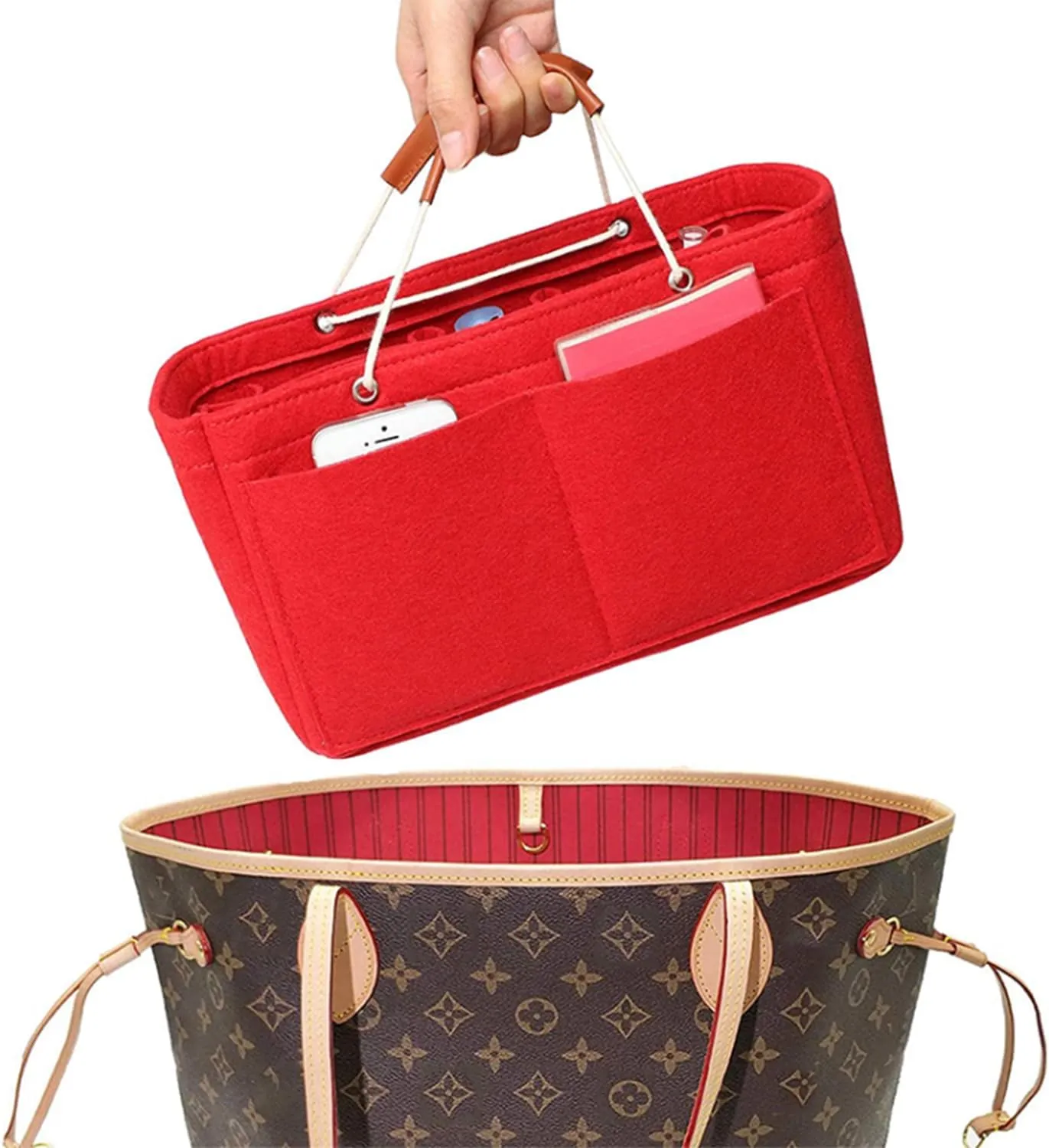 Tote Organizer Insert, Purse Insert for Handbags, Tote Bag Organizer with 11 Pockets, Suitable for Neverful for Speedy for Carryall for Birkin and More (Red, XL)