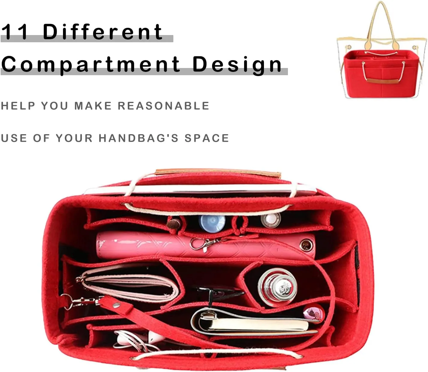 Tote Organizer Insert, Purse Insert for Handbags, Tote Bag Organizer with 11 Pockets, Suitable for Neverful for Speedy for Carryall for Birkin and More (Red, XL)