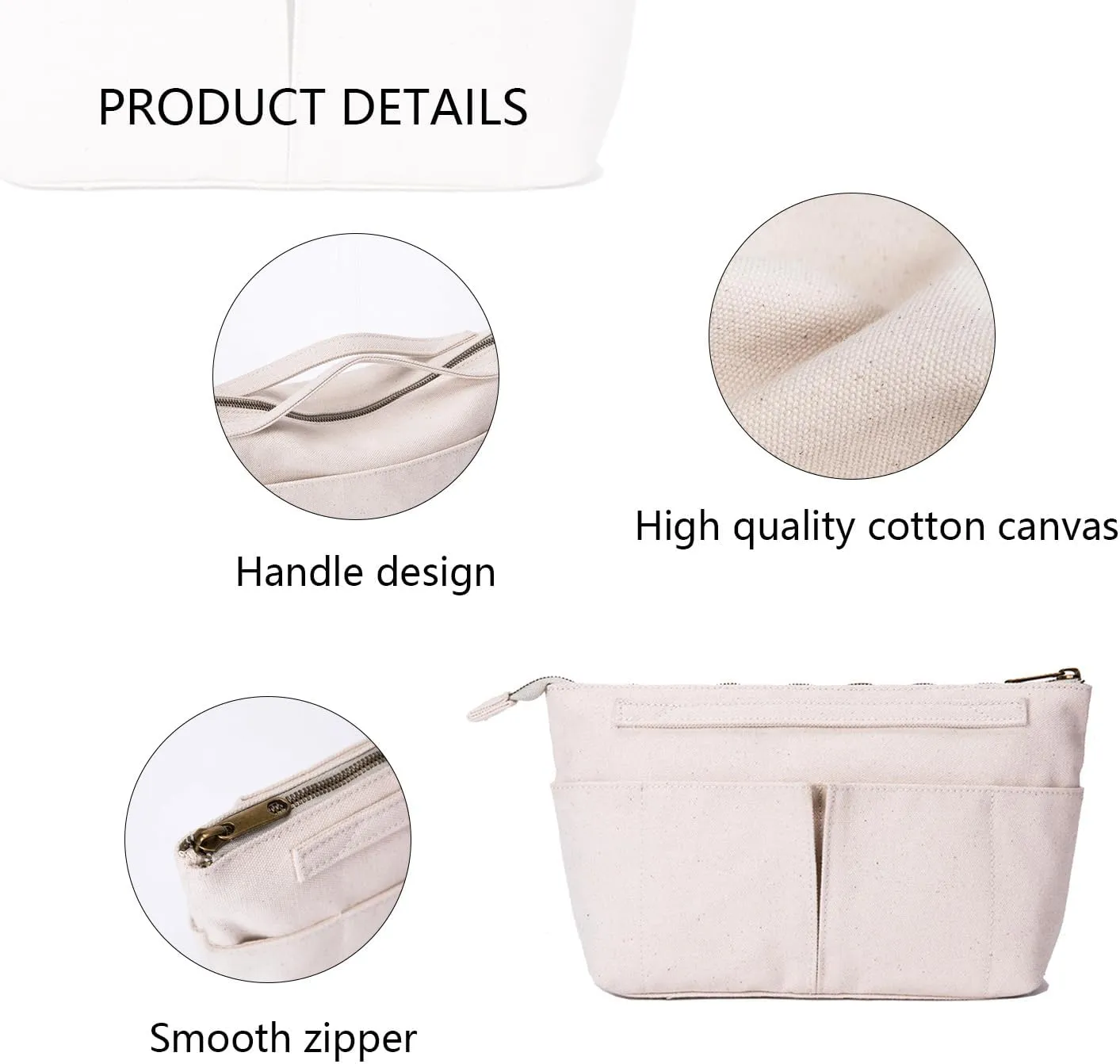 Tote Organizer Insert Purse Organizer for Handbags Cotton Canvas Simple Style Multiple Compartments (Black)