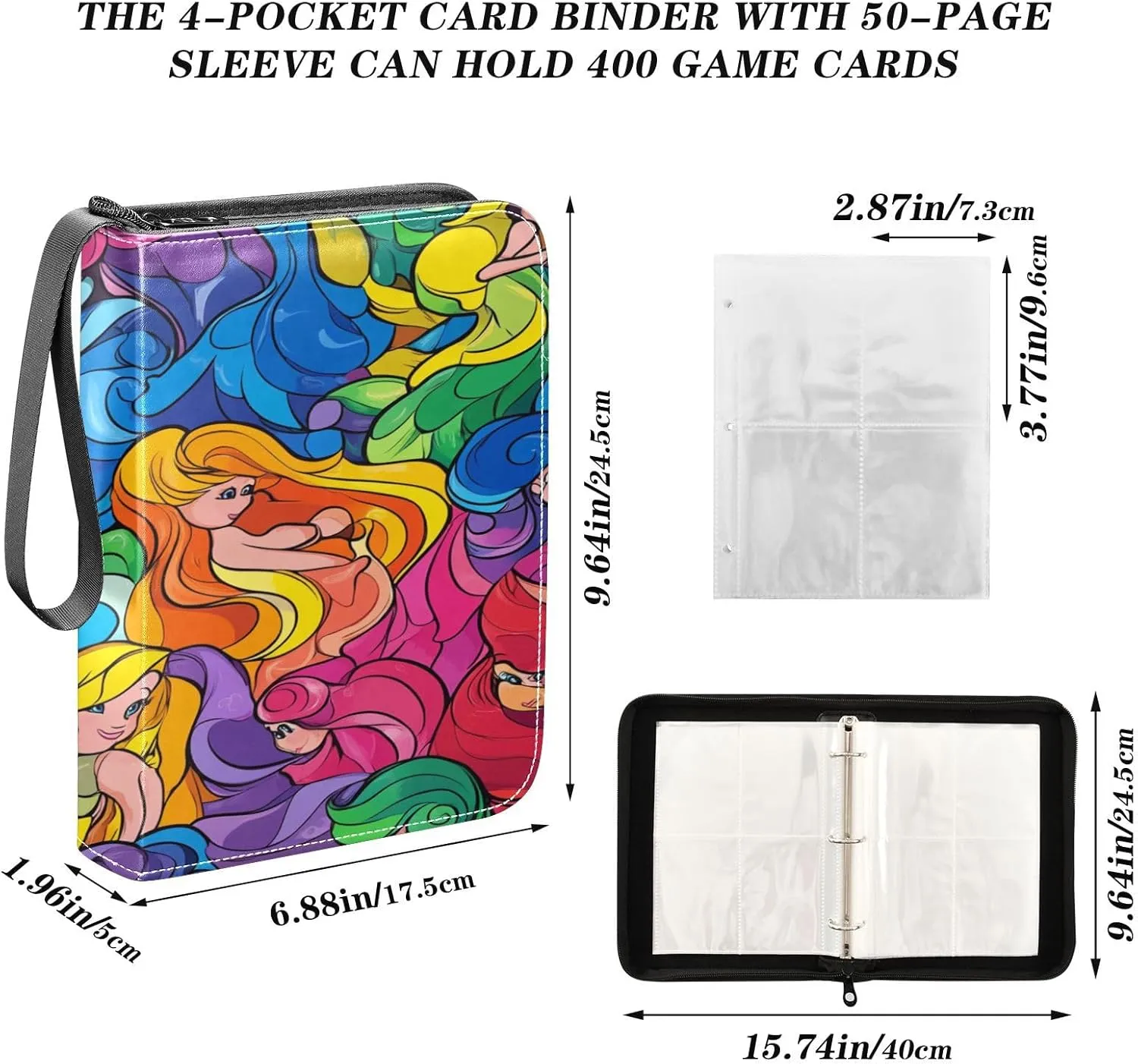 Trading Card Storage Binder PU Leather Card Holder with Zipper 400 Slots Collector Album Waterproof Card Organizer Colorful Mermaid01